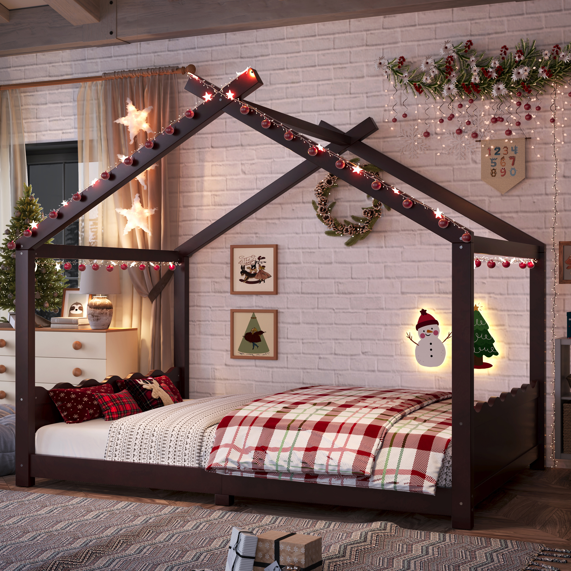 Full House Floor Bed with Support Slats, Solid Wood House Bed Frame for Kids, No Box Spring Needed and Opening Constructure, Espresso - Image 2