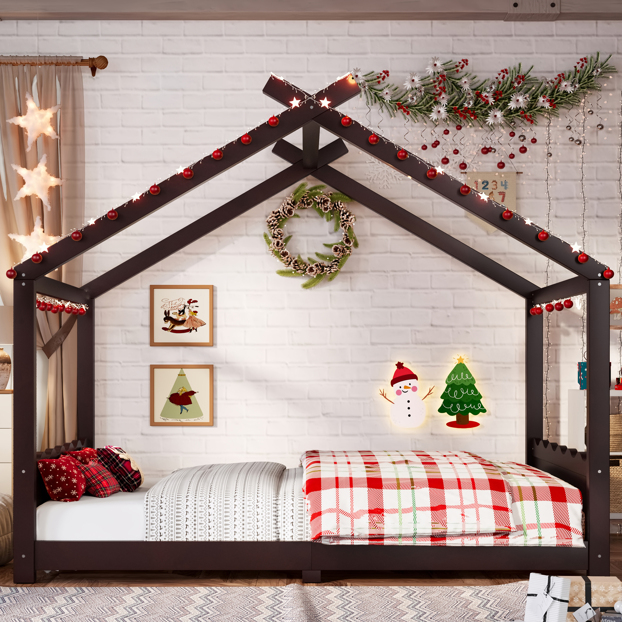 Full House Floor Bed with Support Slats, Solid Wood House Bed Frame for Kids, No Box Spring Needed and Opening Constructure, Espresso - Image 3