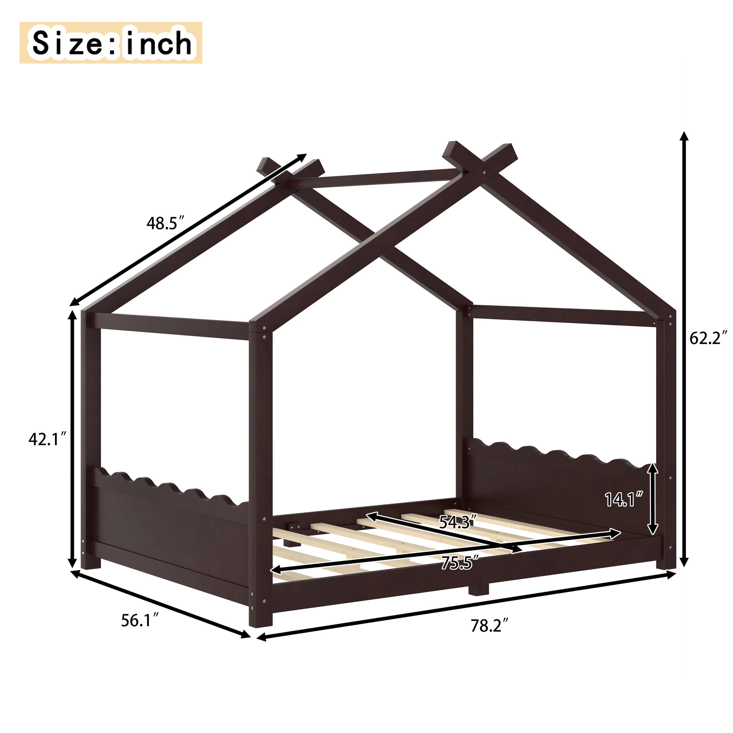 Full House Floor Bed with Support Slats, Solid Wood House Bed Frame for Kids, No Box Spring Needed and Opening Constructure, Espresso - Image 4