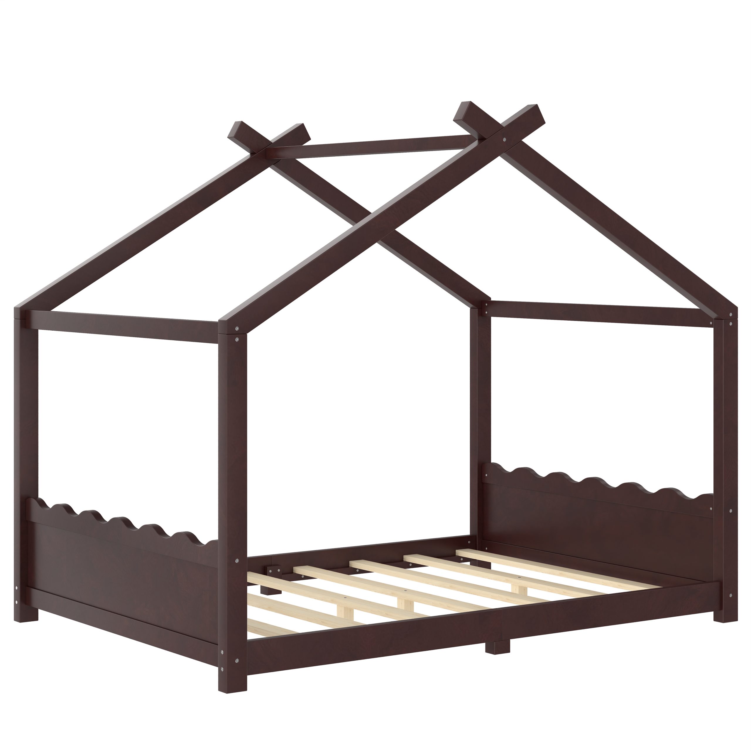 Full House Floor Bed with Support Slats, Solid Wood House Bed Frame for Kids, No Box Spring Needed and Opening Constructure, Espresso - Image 5