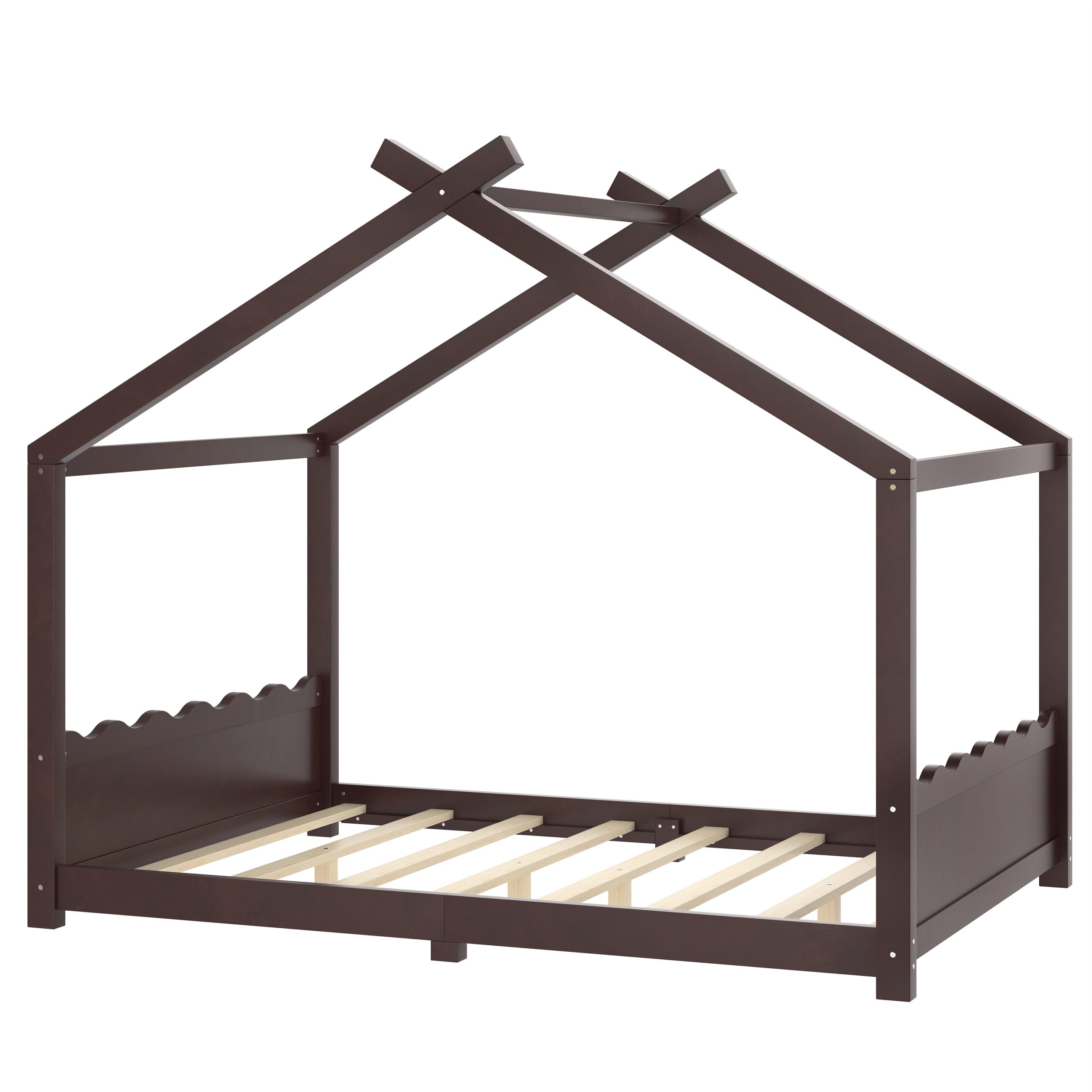 Full House Floor Bed with Support Slats, Solid Wood House Bed Frame for Kids, No Box Spring Needed and Opening Constructure, Espresso - Image 6