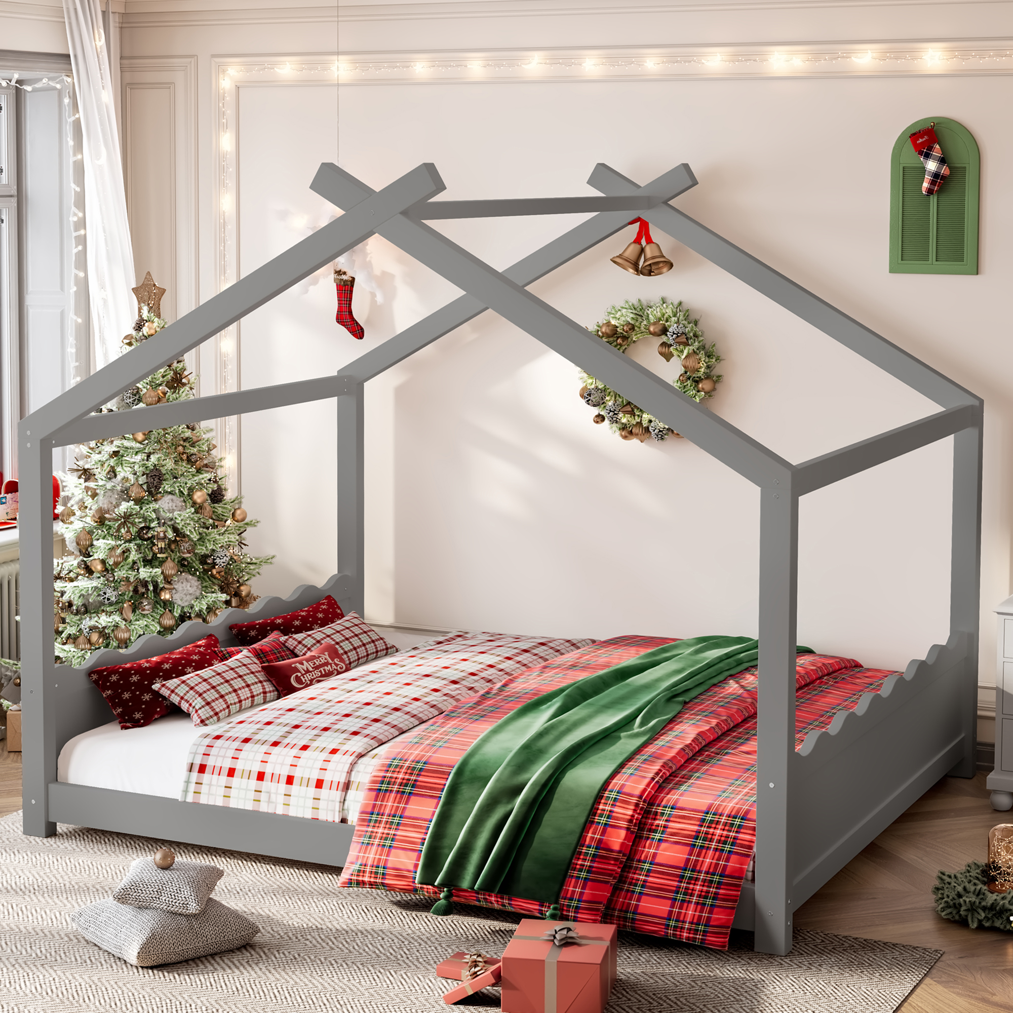 Queen House Floor Bed with Support Slats, Solid Wood House Bed Frame for Kids, No Box Spring Needed and Opening Constructure, Gray - Image 2