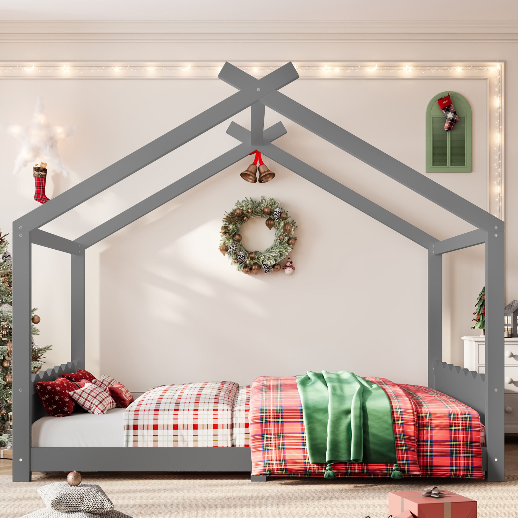 Queen House Floor Bed with Support Slats, Solid Wood House Bed Frame for Kids, No Box Spring Needed and Opening Constructure, Gray - Image 3