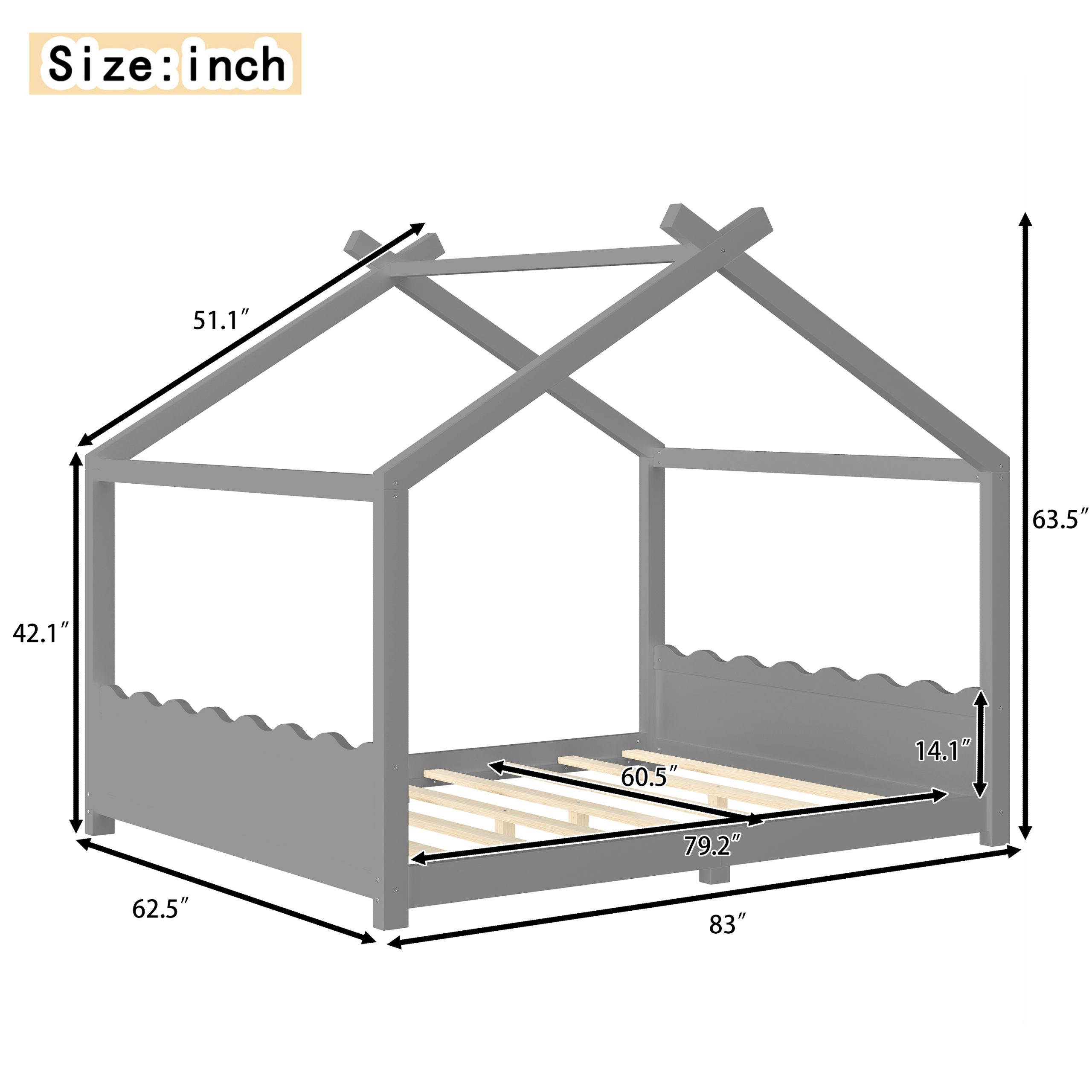 Queen House Floor Bed with Support Slats, Solid Wood House Bed Frame for Kids, No Box Spring Needed and Opening Constructure, Gray - Image 4
