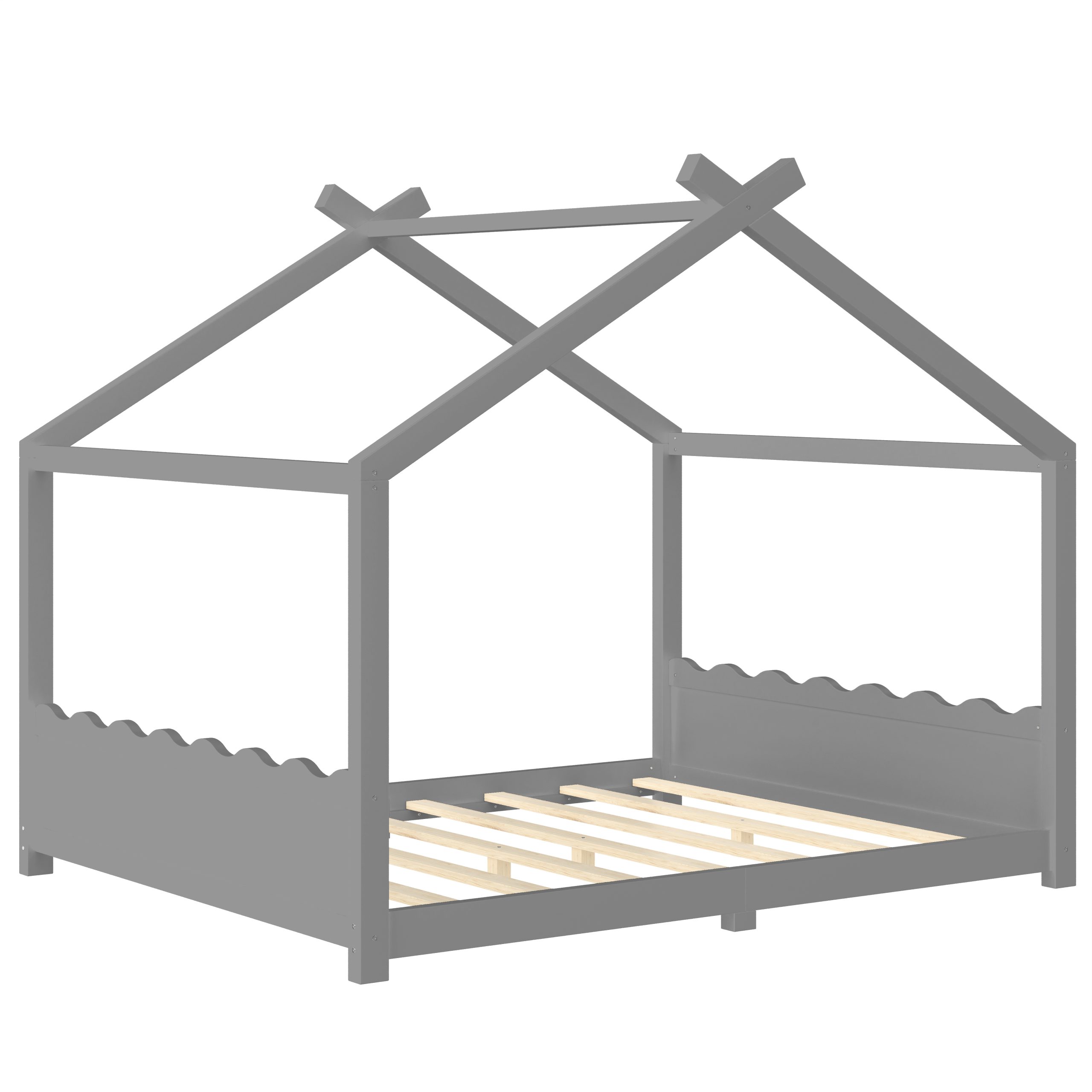Queen House Floor Bed with Support Slats, Solid Wood House Bed Frame for Kids, No Box Spring Needed and Opening Constructure, Gray - Image 5