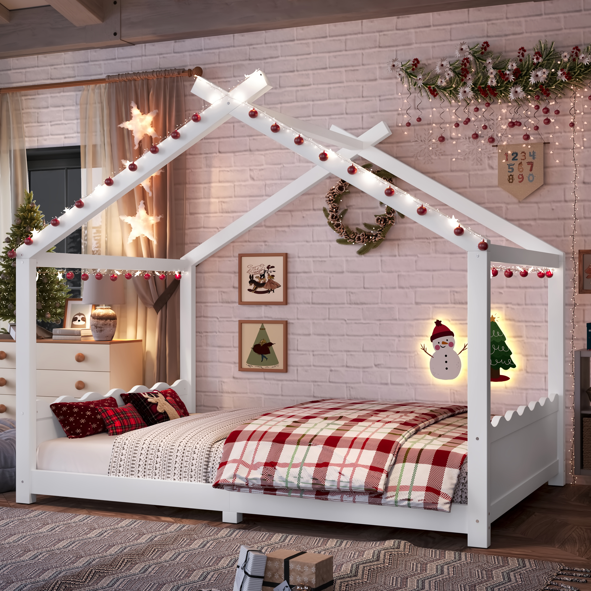 Full House Floor Bed with Support Slats, Solid Wood House Bed Frame for Kids, No Box Spring Needed and Opening Constructure, White