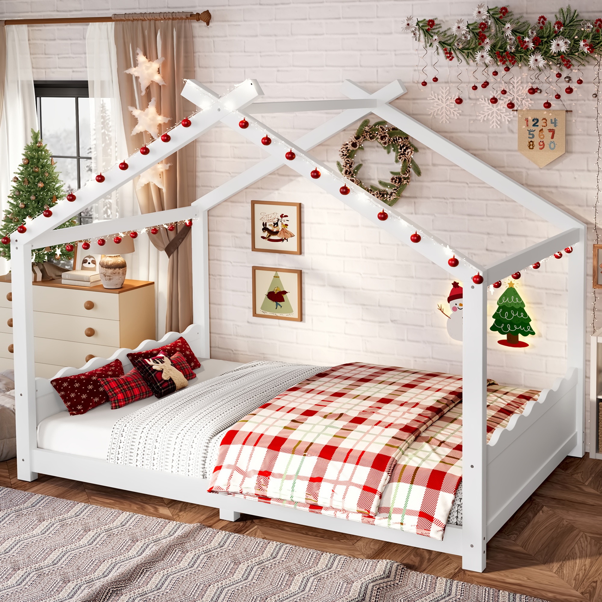 Full House Floor Bed with Support Slats, Solid Wood House Bed Frame for Kids, No Box Spring Needed and Opening Constructure, White - Image 2