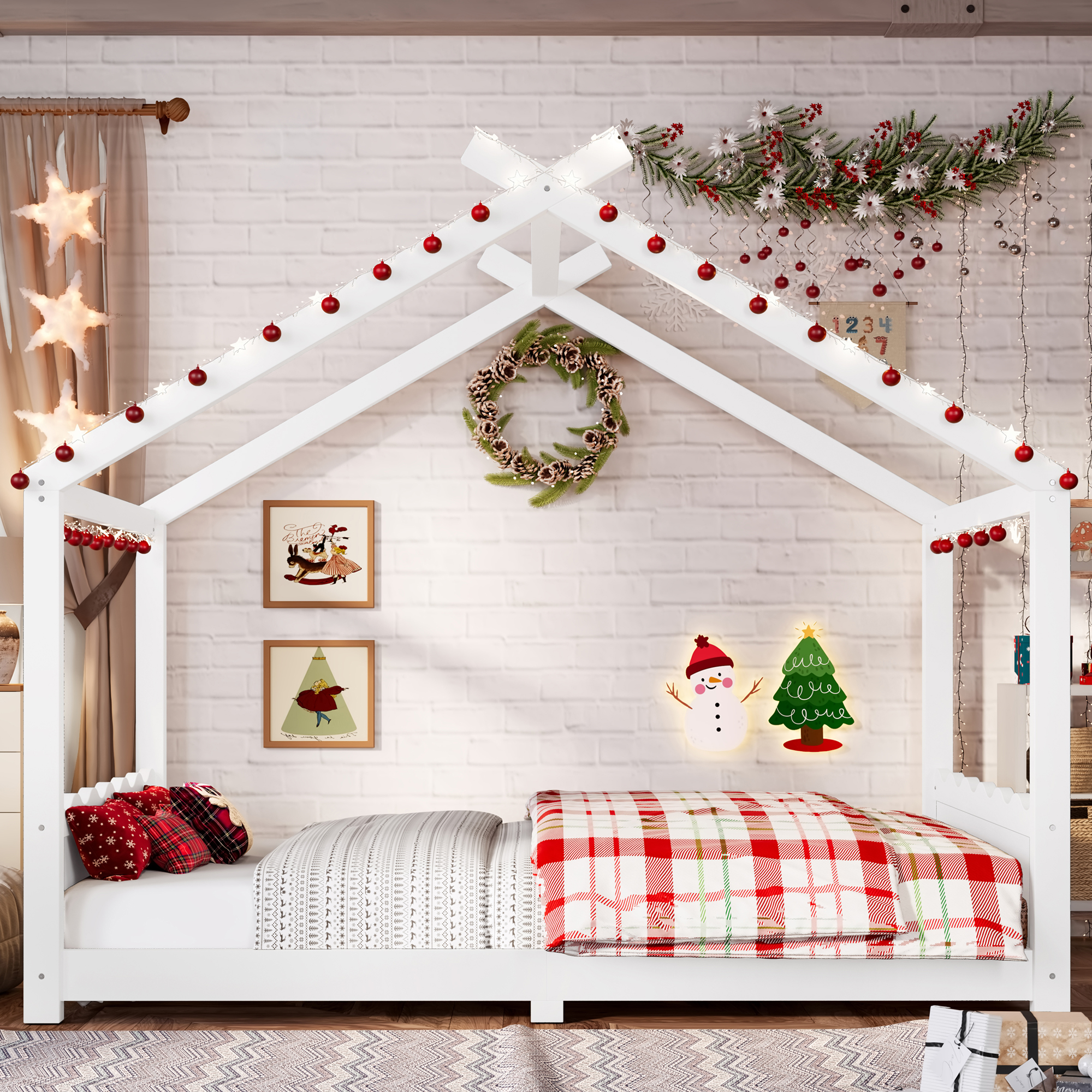 Full House Floor Bed with Support Slats, Solid Wood House Bed Frame for Kids, No Box Spring Needed and Opening Constructure, White - Image 3