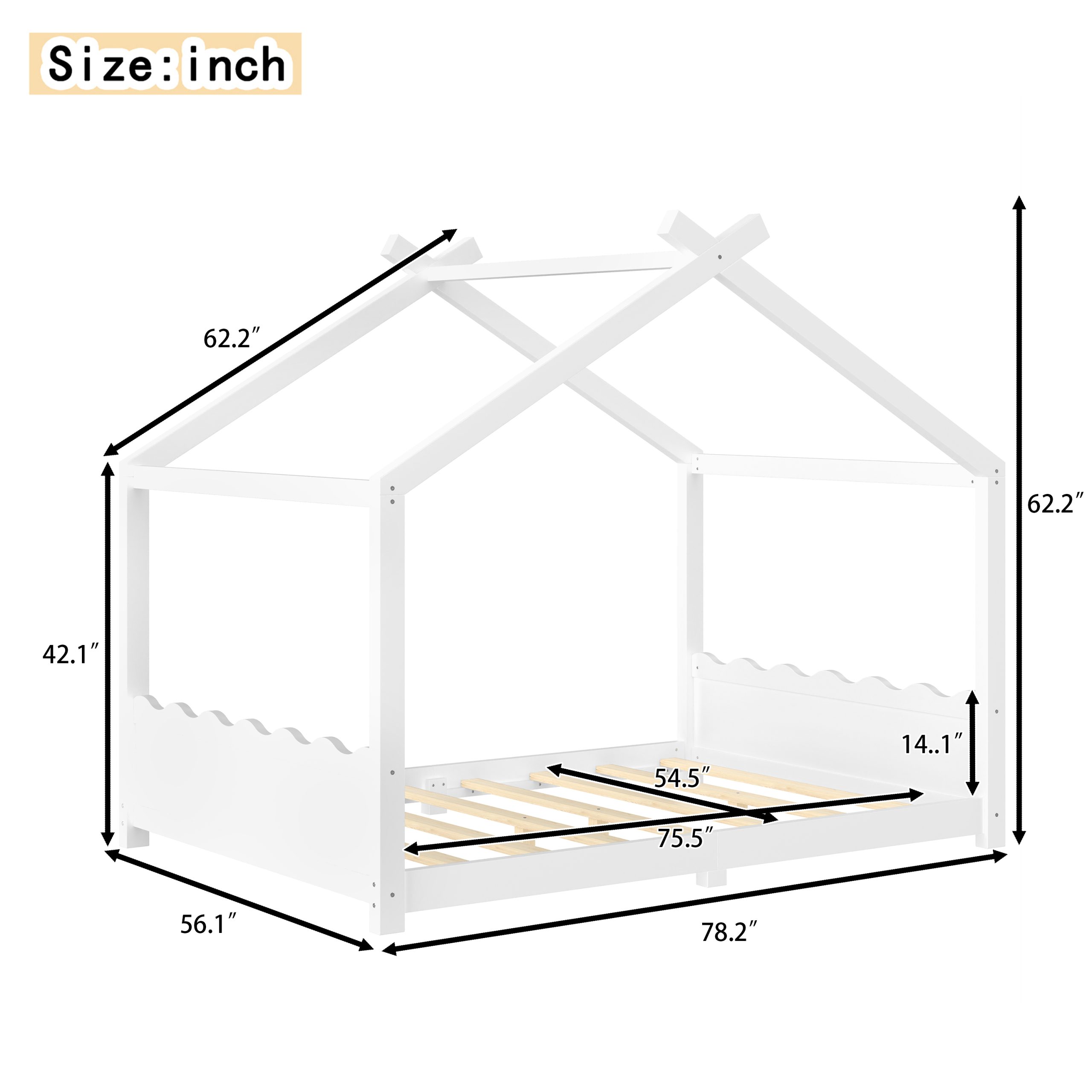 Full House Floor Bed with Support Slats, Solid Wood House Bed Frame for Kids, No Box Spring Needed and Opening Constructure, White - Image 4