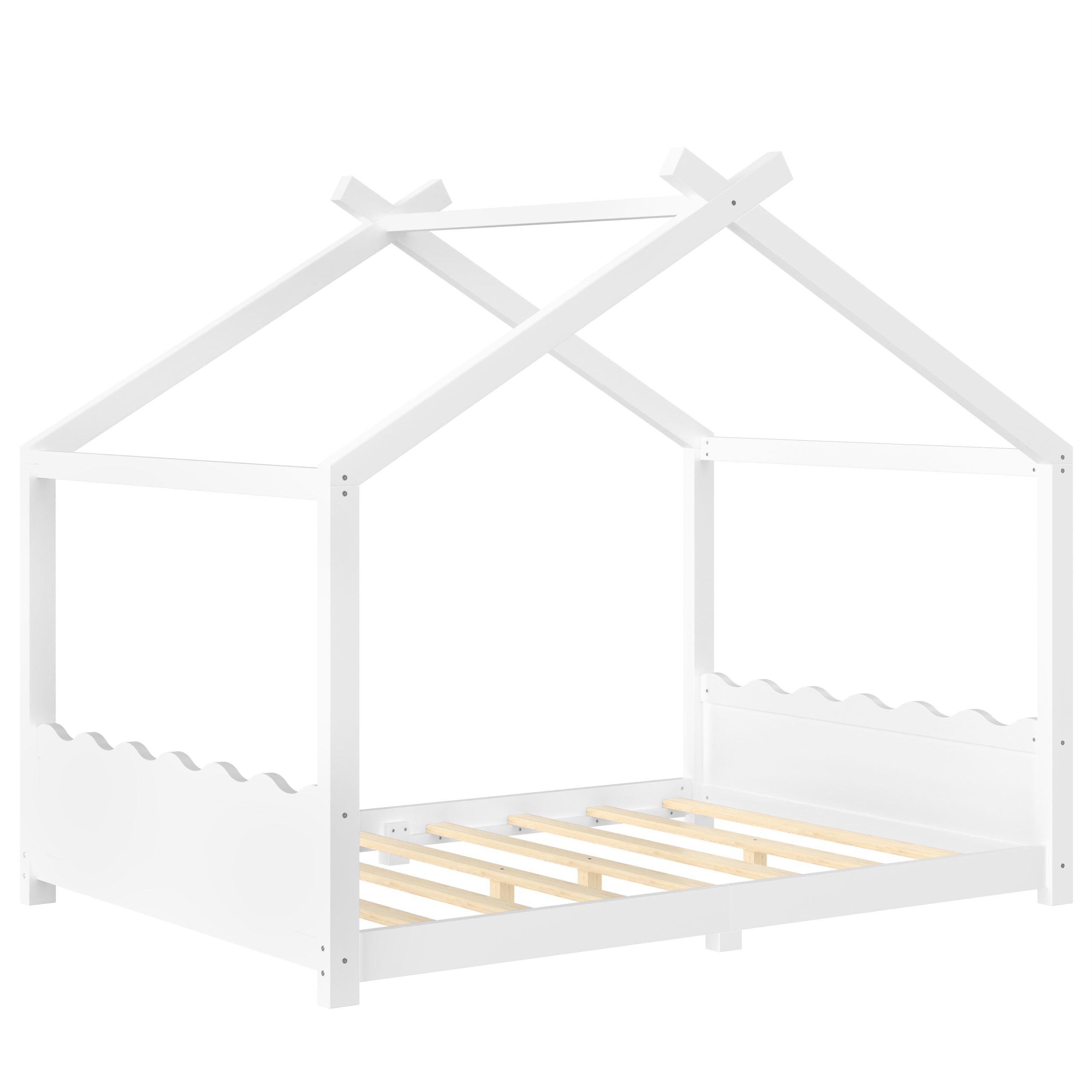 Full House Floor Bed with Support Slats, Solid Wood House Bed Frame for Kids, No Box Spring Needed and Opening Constructure, White - Image 5