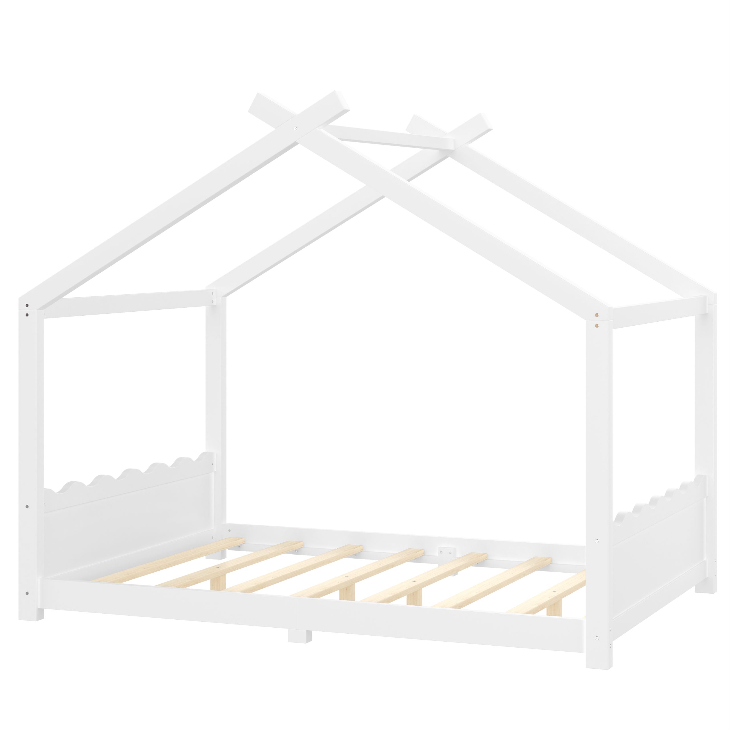 Full House Floor Bed with Support Slats, Solid Wood House Bed Frame for Kids, No Box Spring Needed and Opening Constructure, White - Image 6