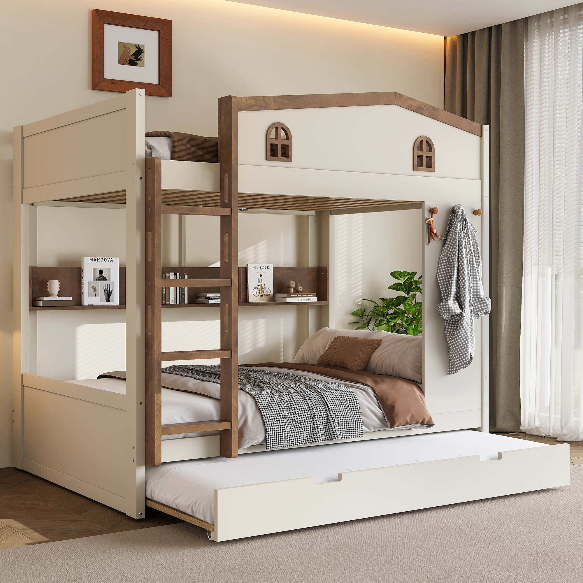 Full over Full Bunk Bed with Trundle and Storage Shelves, Solid Wood Bunk Beds with hooks, No Box Spring Needed, Beige&Natural - Image 3