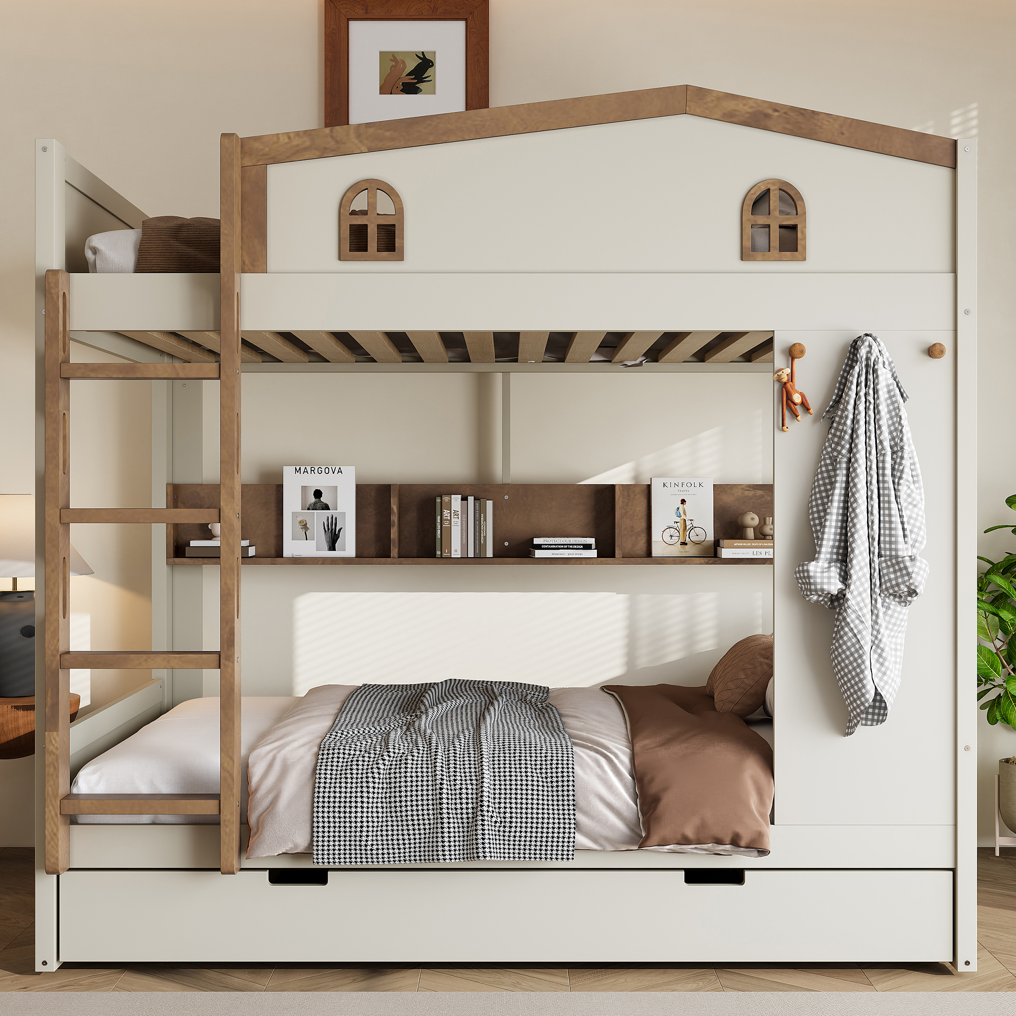 Full over Full Bunk Bed with Trundle and Storage Shelves, Solid Wood Bunk Beds with hooks, No Box Spring Needed, Beige&Natural - Image 2