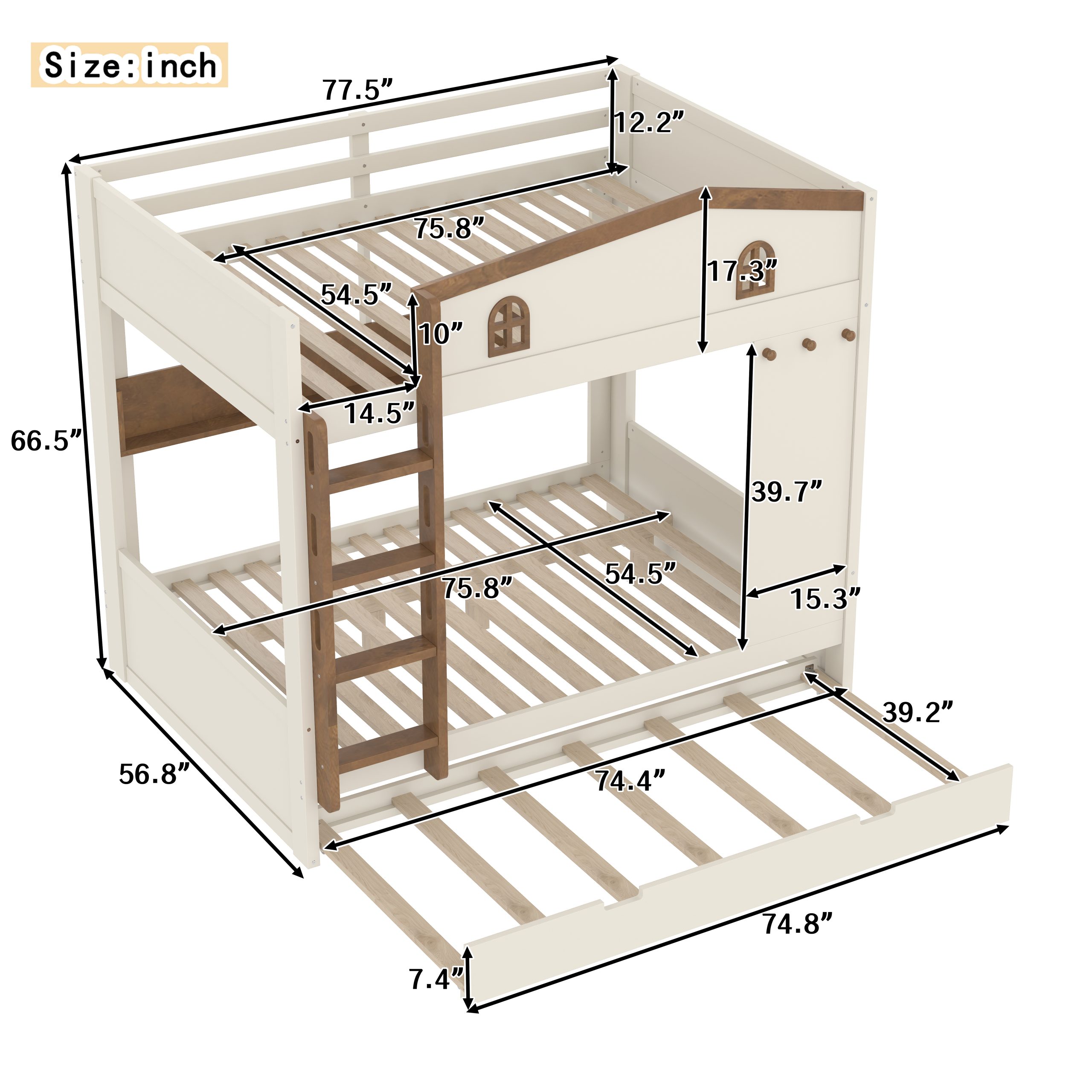 Full over Full Bunk Bed with Trundle and Storage Shelves, Solid Wood Bunk Beds with hooks, No Box Spring Needed, Beige&Natural - Image 4