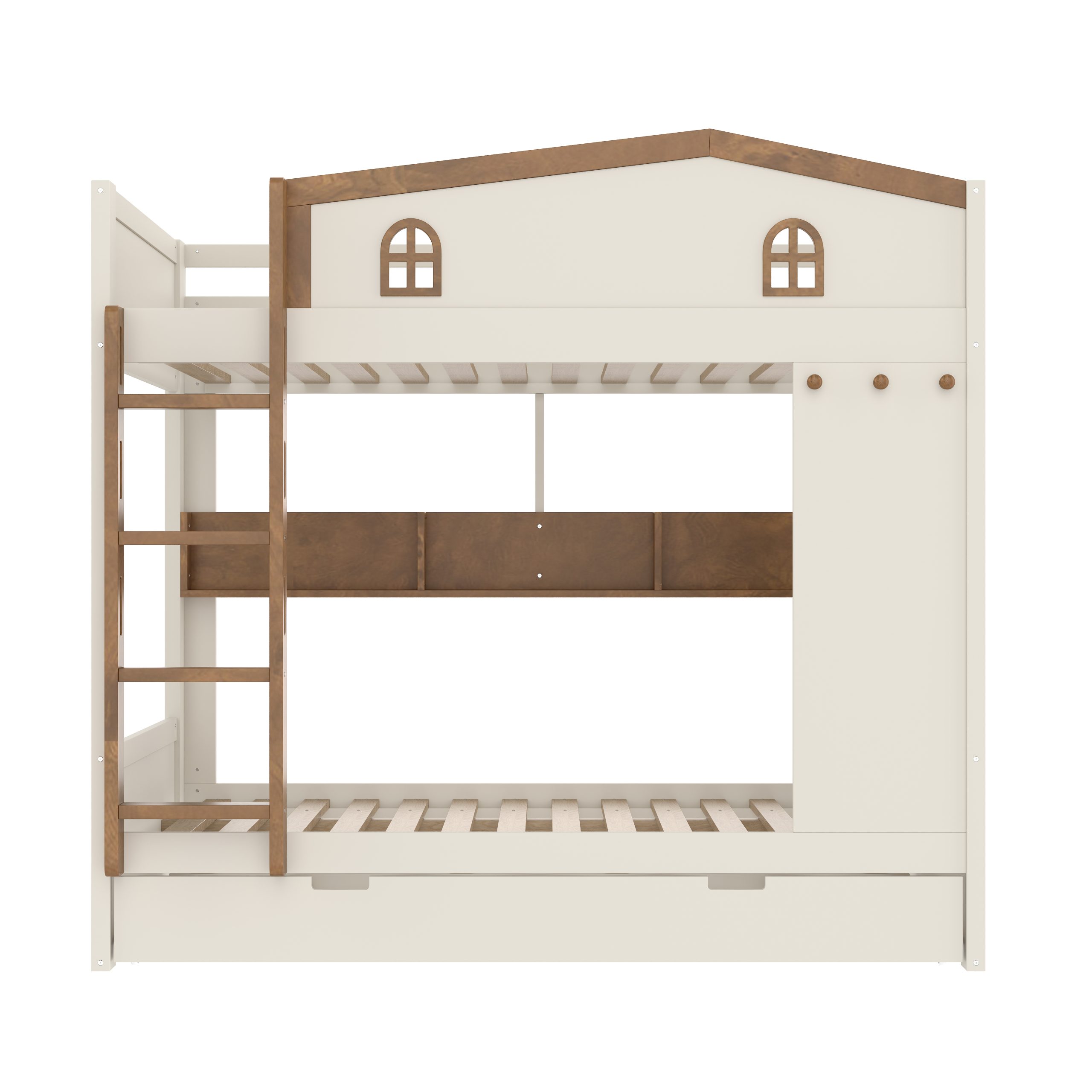 Full over Full Bunk Bed with Trundle and Storage Shelves, Solid Wood Bunk Beds with hooks, No Box Spring Needed, Beige&Natural - Image 5