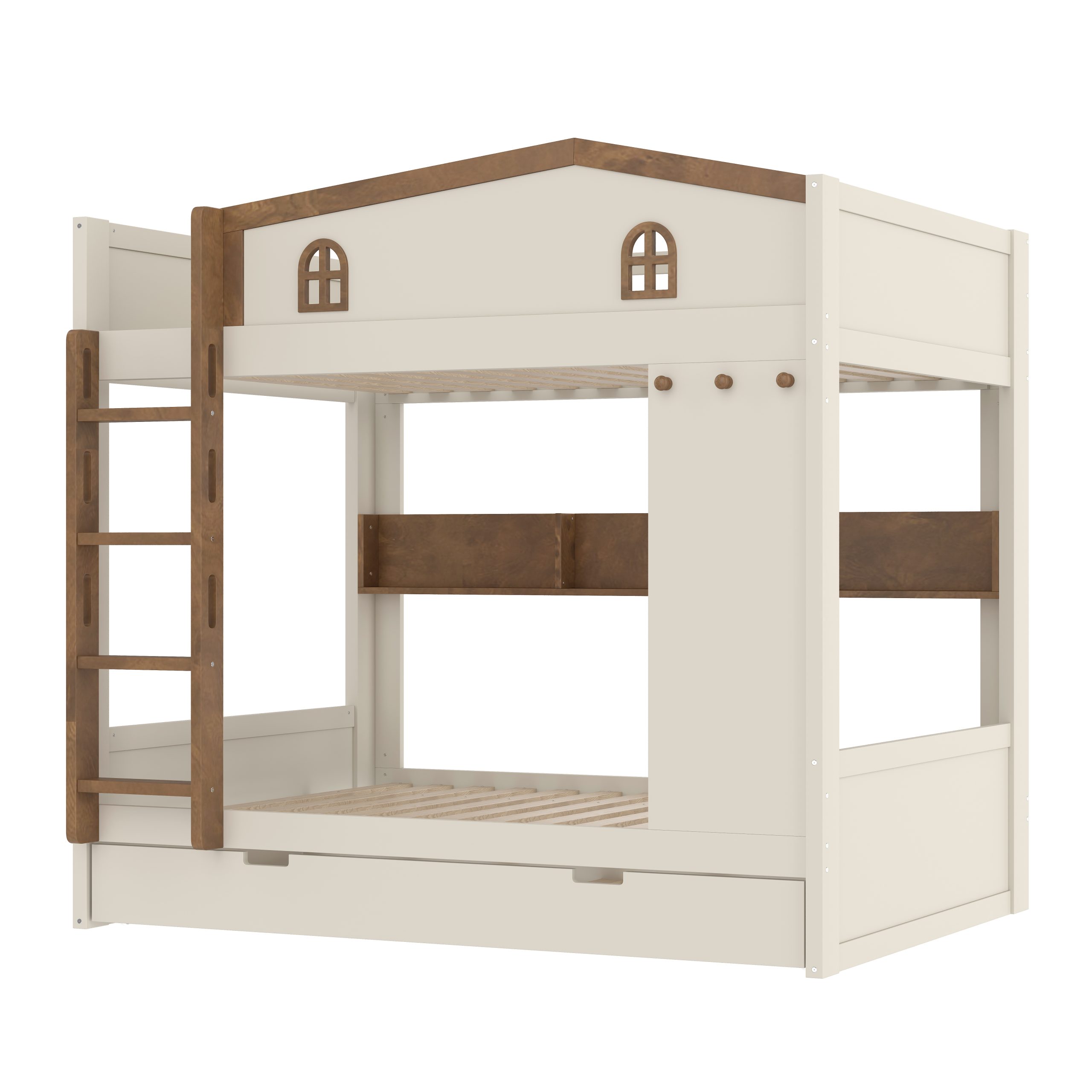 Full over Full Bunk Bed with Trundle and Storage Shelves, Solid Wood Bunk Beds with hooks, No Box Spring Needed, Beige&Natural - Image 6