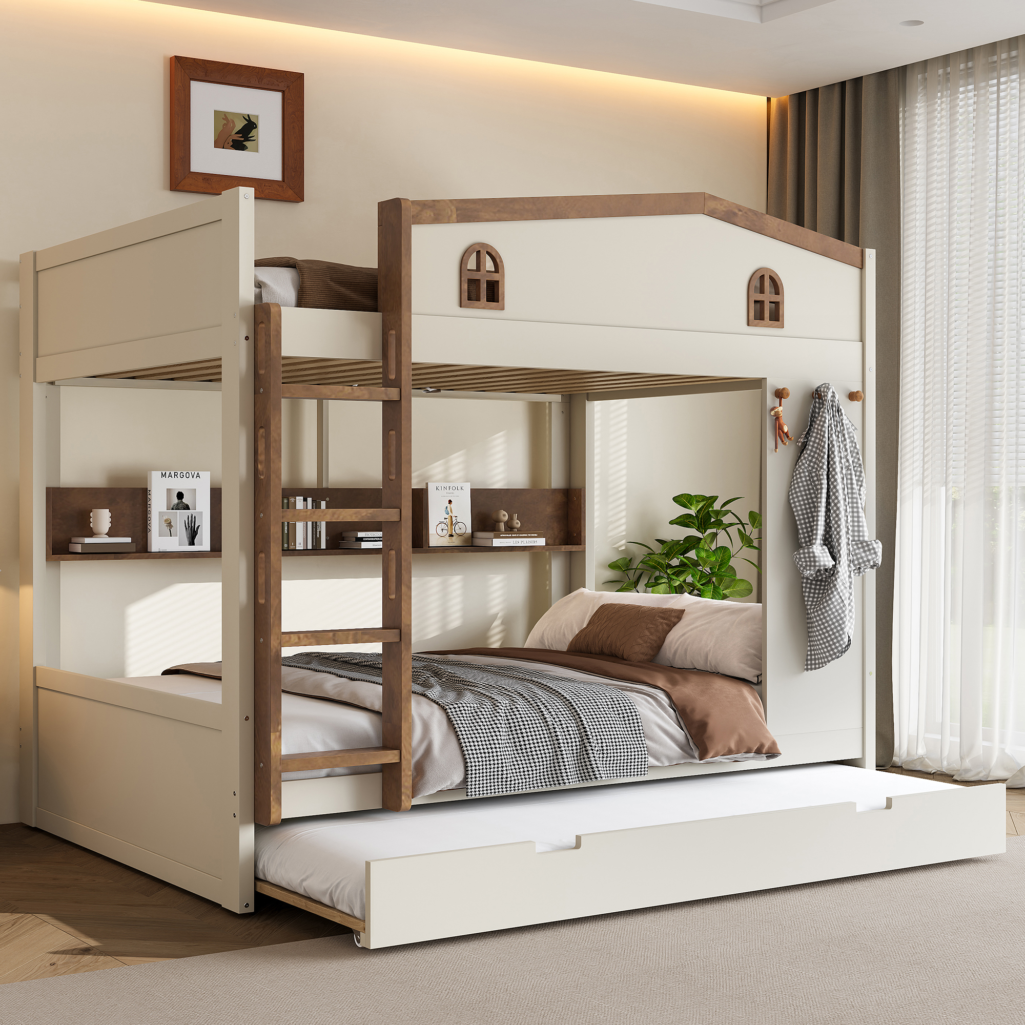 Queen over Queen Bunk Bed with Trundle and Storage Shelves, Solid Wood Bunk Beds with hooks, No Box Spring Needed, Beige&Natural - Image 1