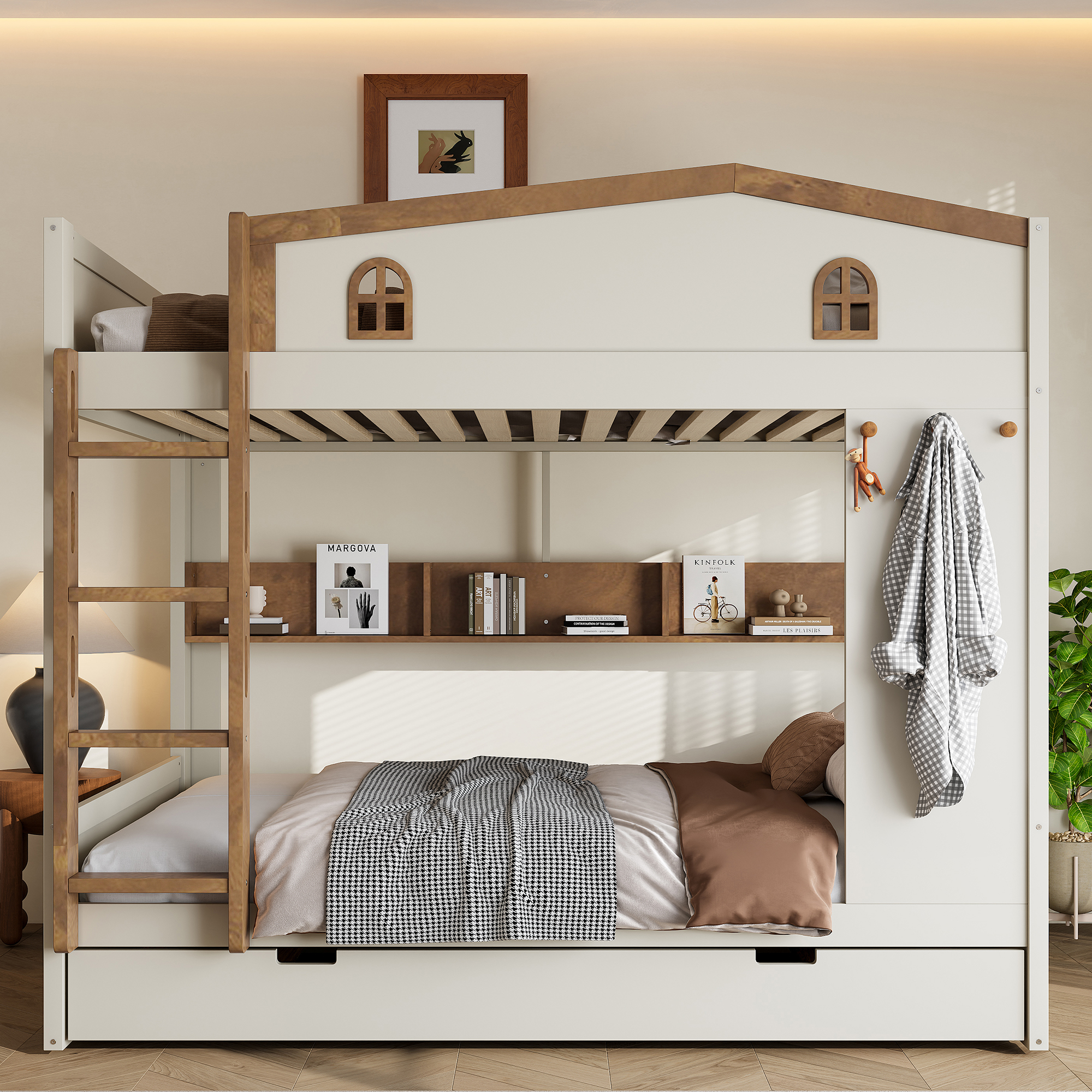 Queen over Queen Bunk Bed with Trundle and Storage Shelves, Solid Wood Bunk Beds with hooks, No Box Spring Needed, Beige&Natural - Image 2