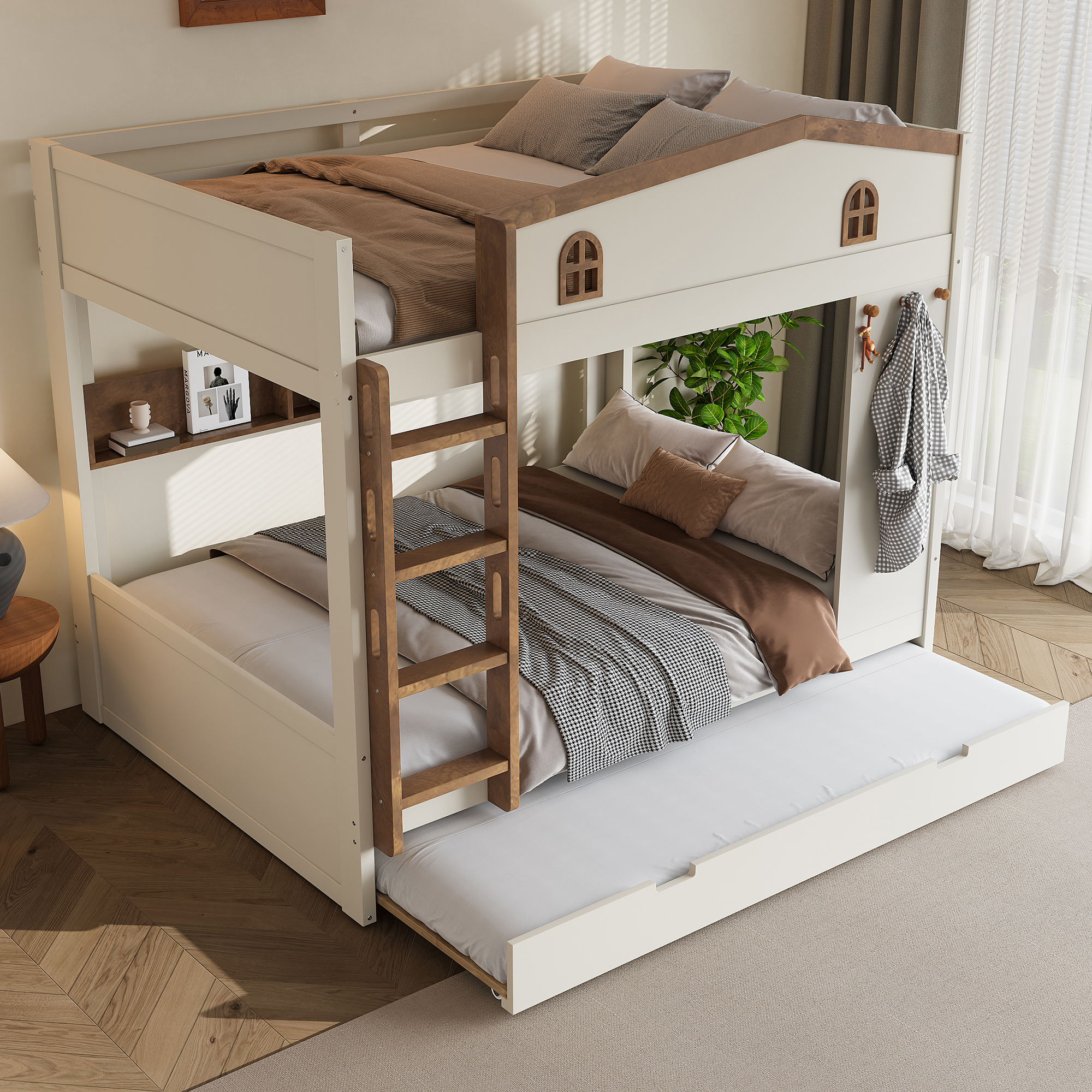 Queen over Queen Bunk Bed with Trundle and Storage Shelves, Solid Wood Bunk Beds with hooks, No Box Spring Needed, Beige&Natural - Image 3
