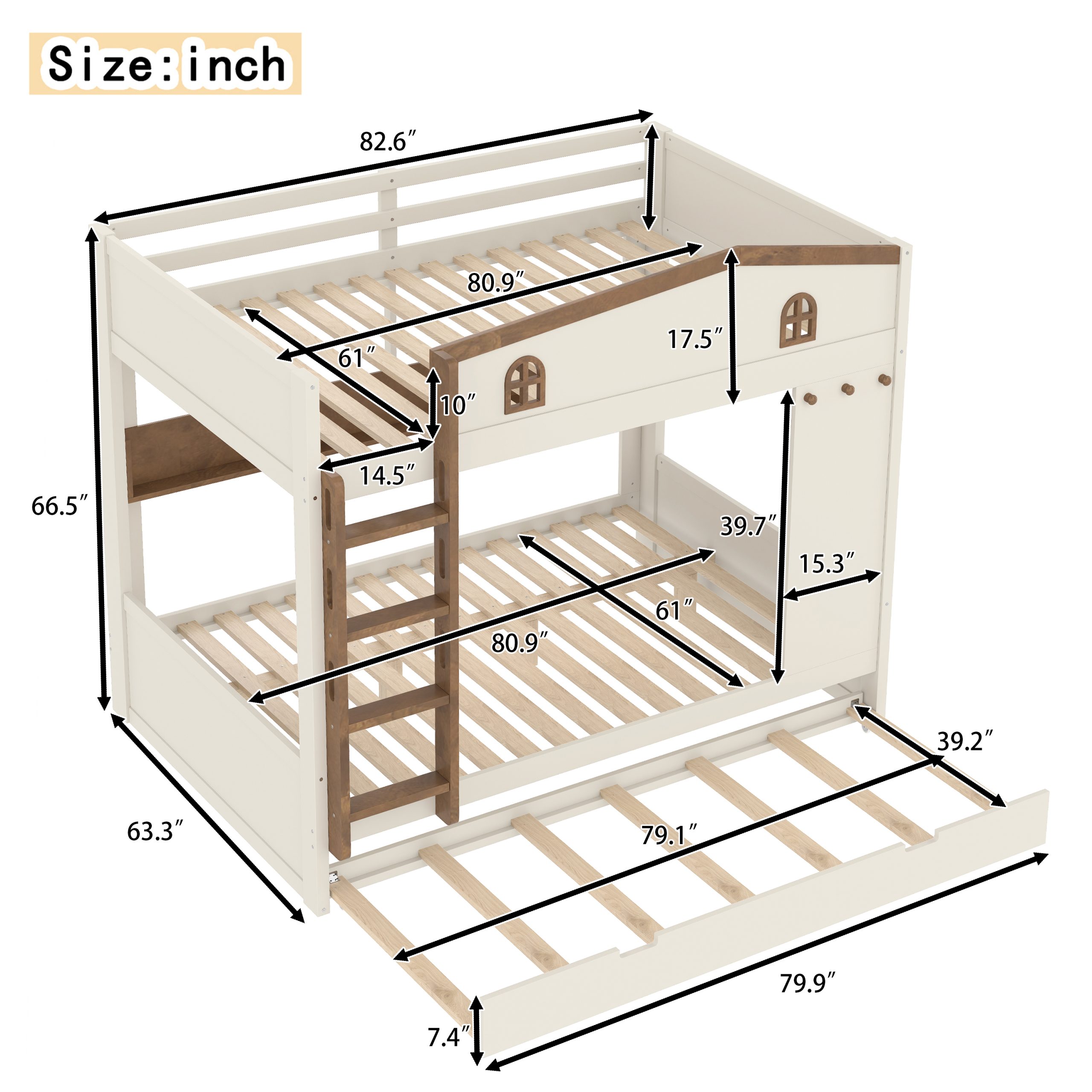 Queen over Queen Bunk Bed with Trundle and Storage Shelves, Solid Wood Bunk Beds with hooks, No Box Spring Needed, Beige&Natural - Image 4