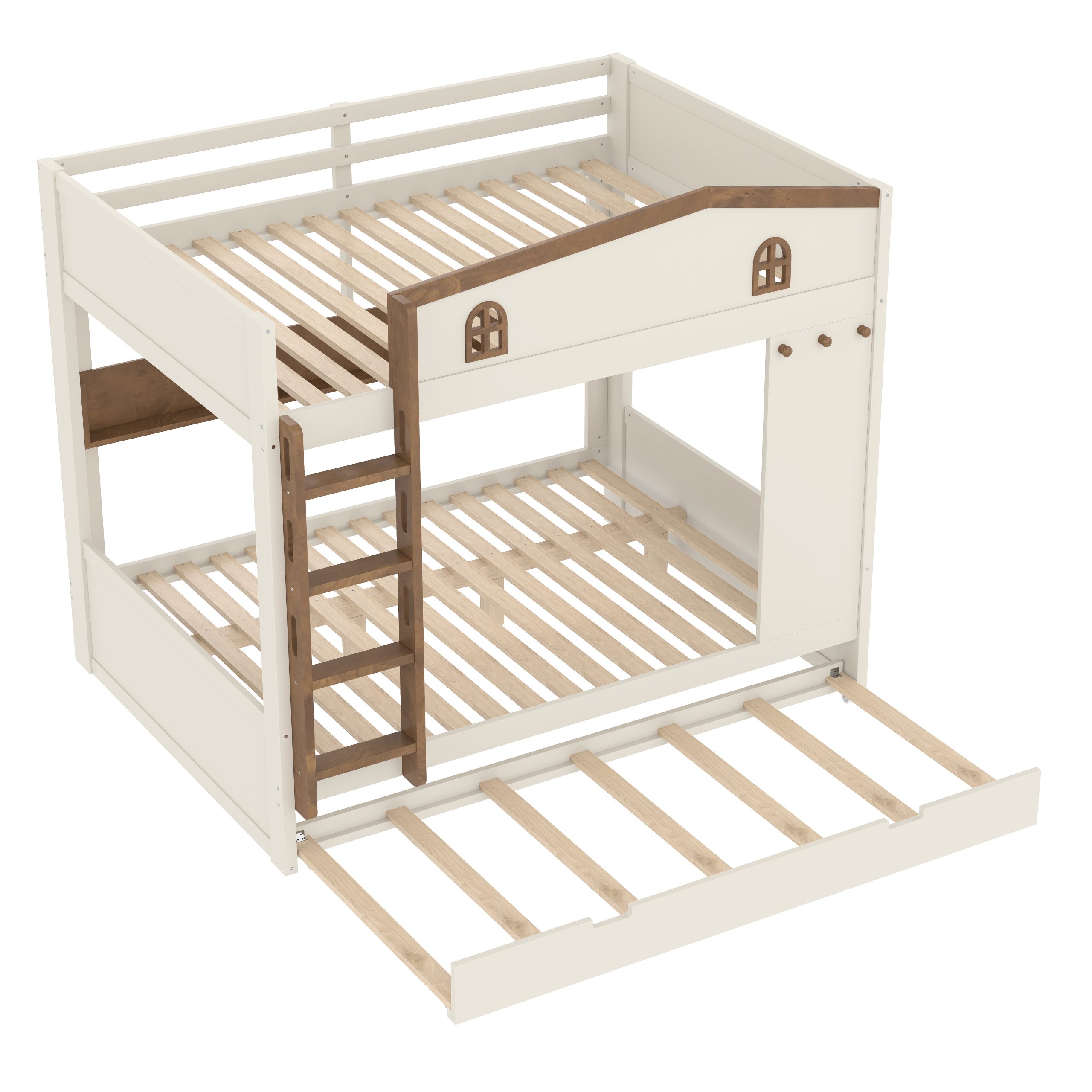 Queen over Queen Bunk Bed with Trundle and Storage Shelves, Solid Wood Bunk Beds with hooks, No Box Spring Needed, Beige&Natural - Image 5