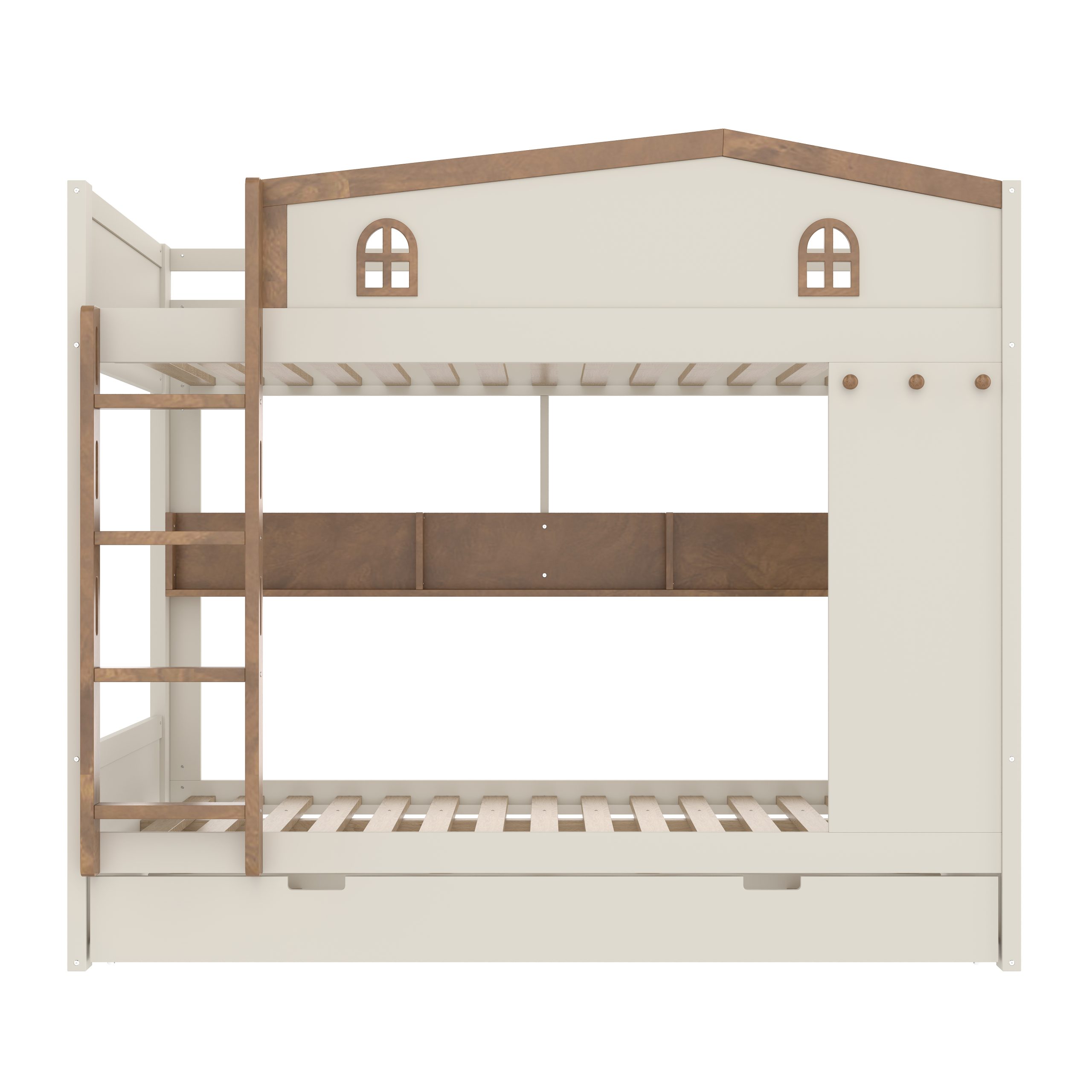 Queen over Queen Bunk Bed with Trundle and Storage Shelves, Solid Wood Bunk Beds with hooks, No Box Spring Needed, Beige&Natural - Image 6