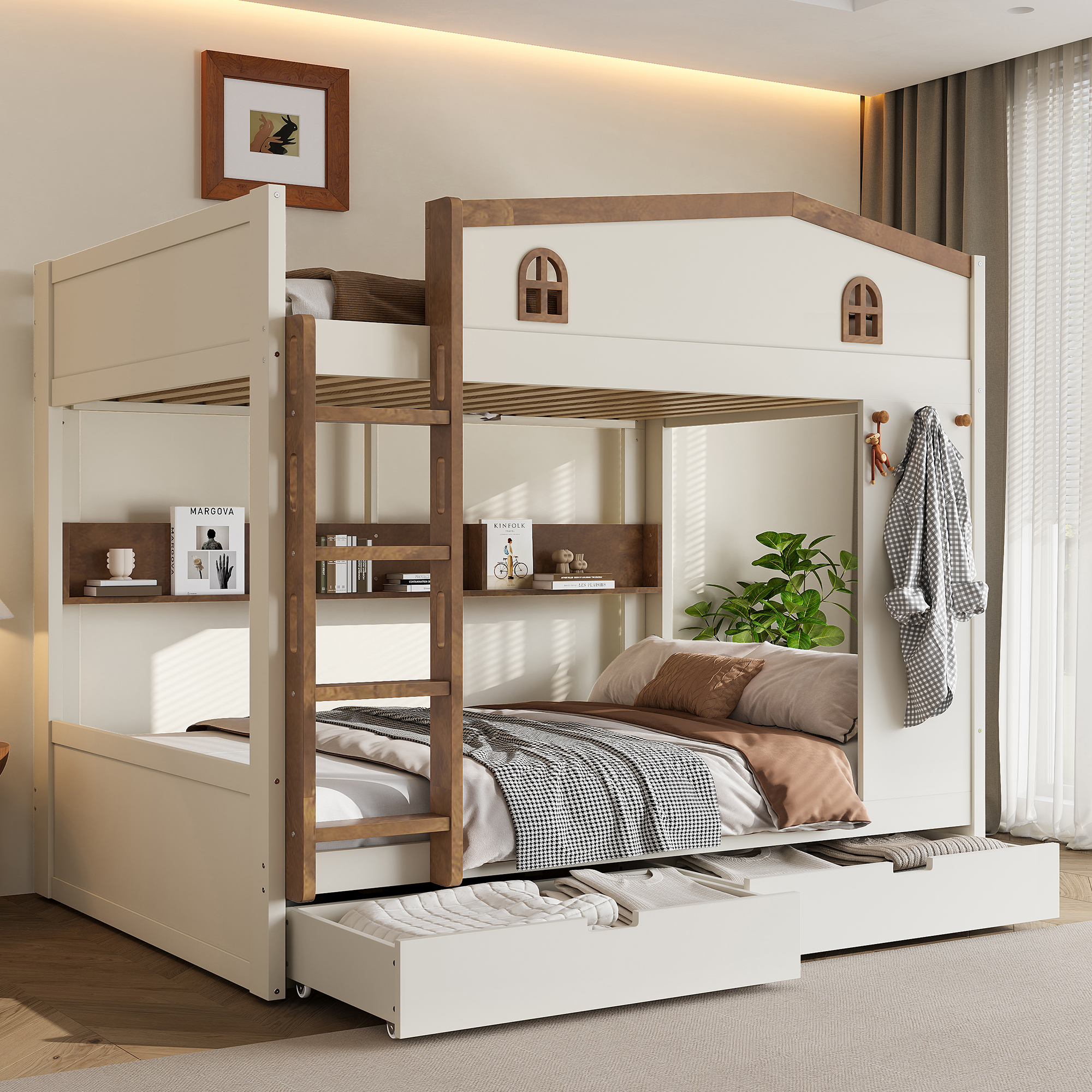 Queen over Queen Bunk Bed with Storage Drawers and Shelves, Solid Wood Bunk Beds with hooks, No Box Spring Needed, Beige&Natural