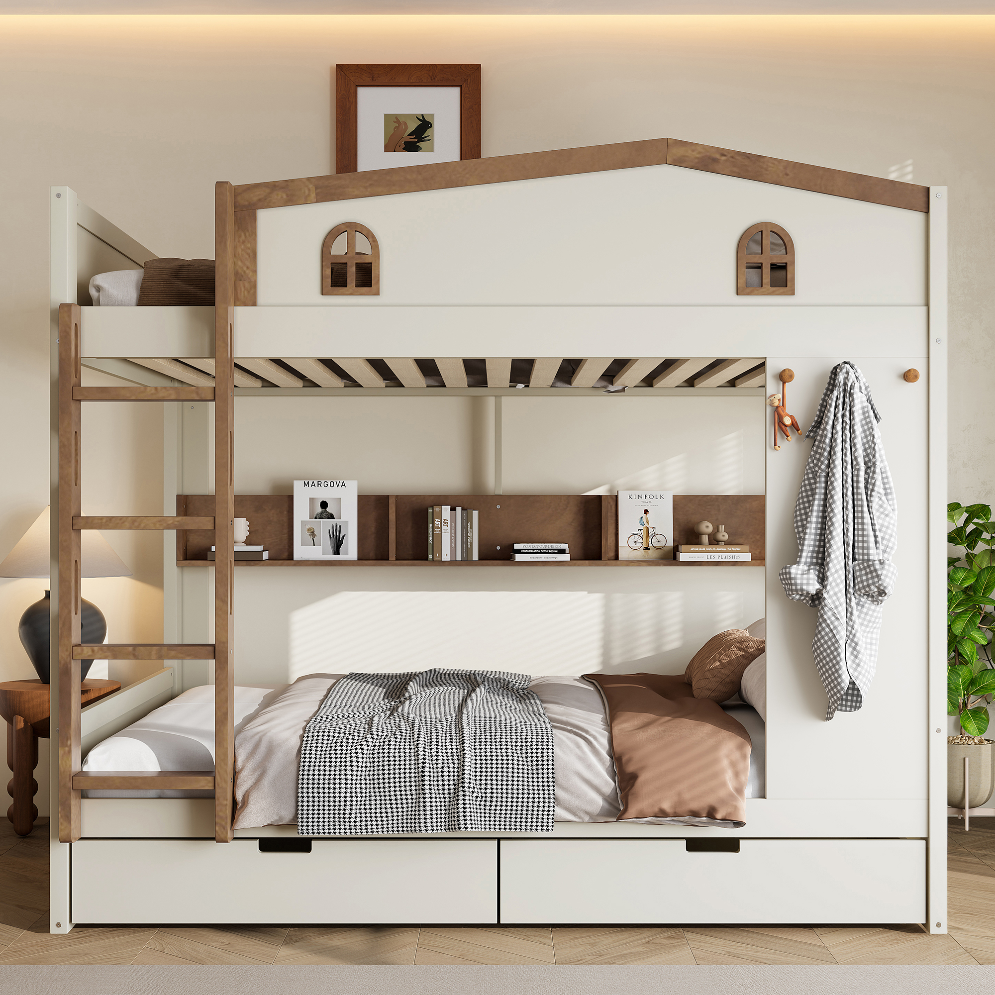 Queen over Queen Bunk Bed with Storage Drawers and Shelves, Solid Wood Bunk Beds with hooks, No Box Spring Needed, Beige&Natural - Image 2