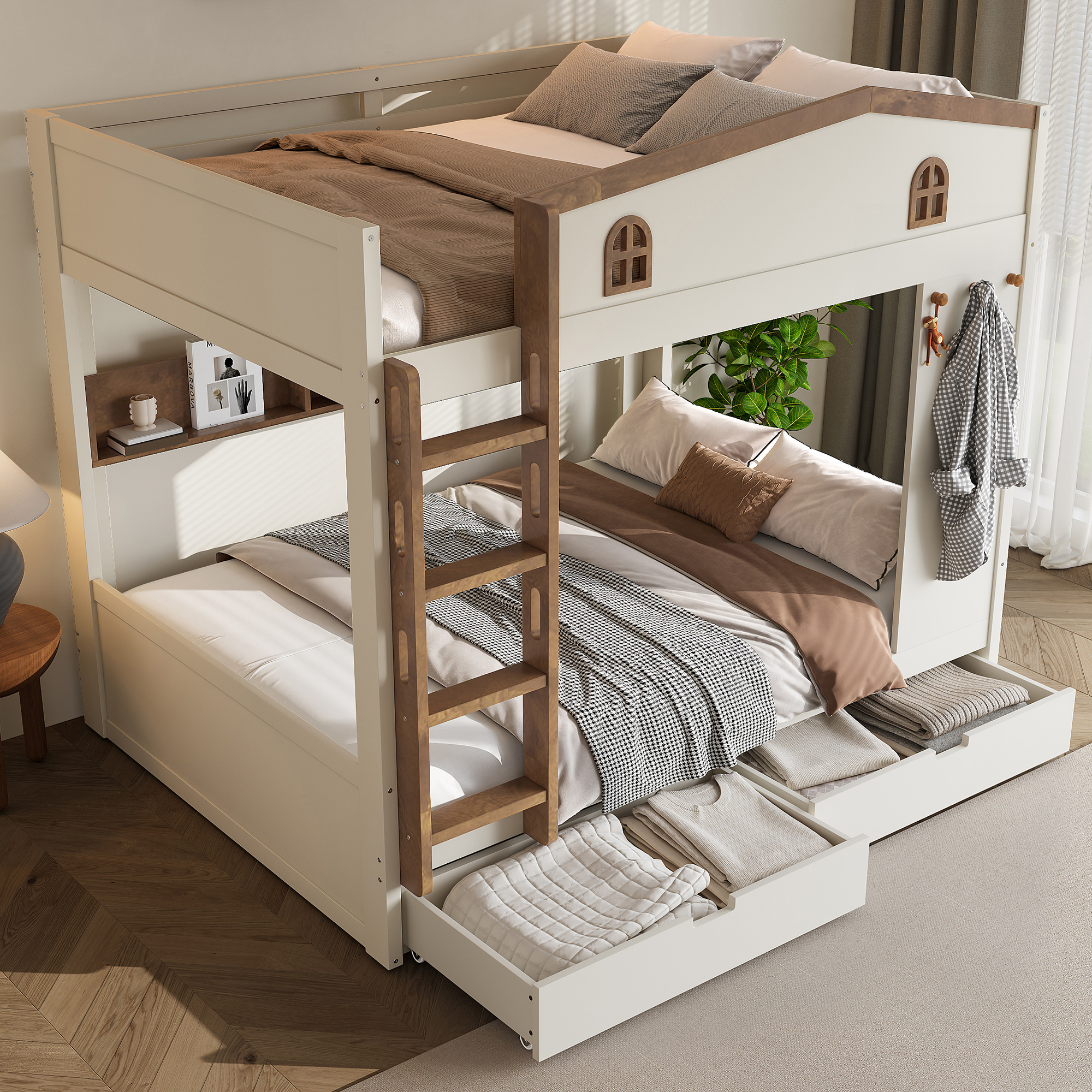 Queen over Queen Bunk Bed with Storage Drawers and Shelves, Solid Wood Bunk Beds with hooks, No Box Spring Needed, Beige&Natural - Image 3