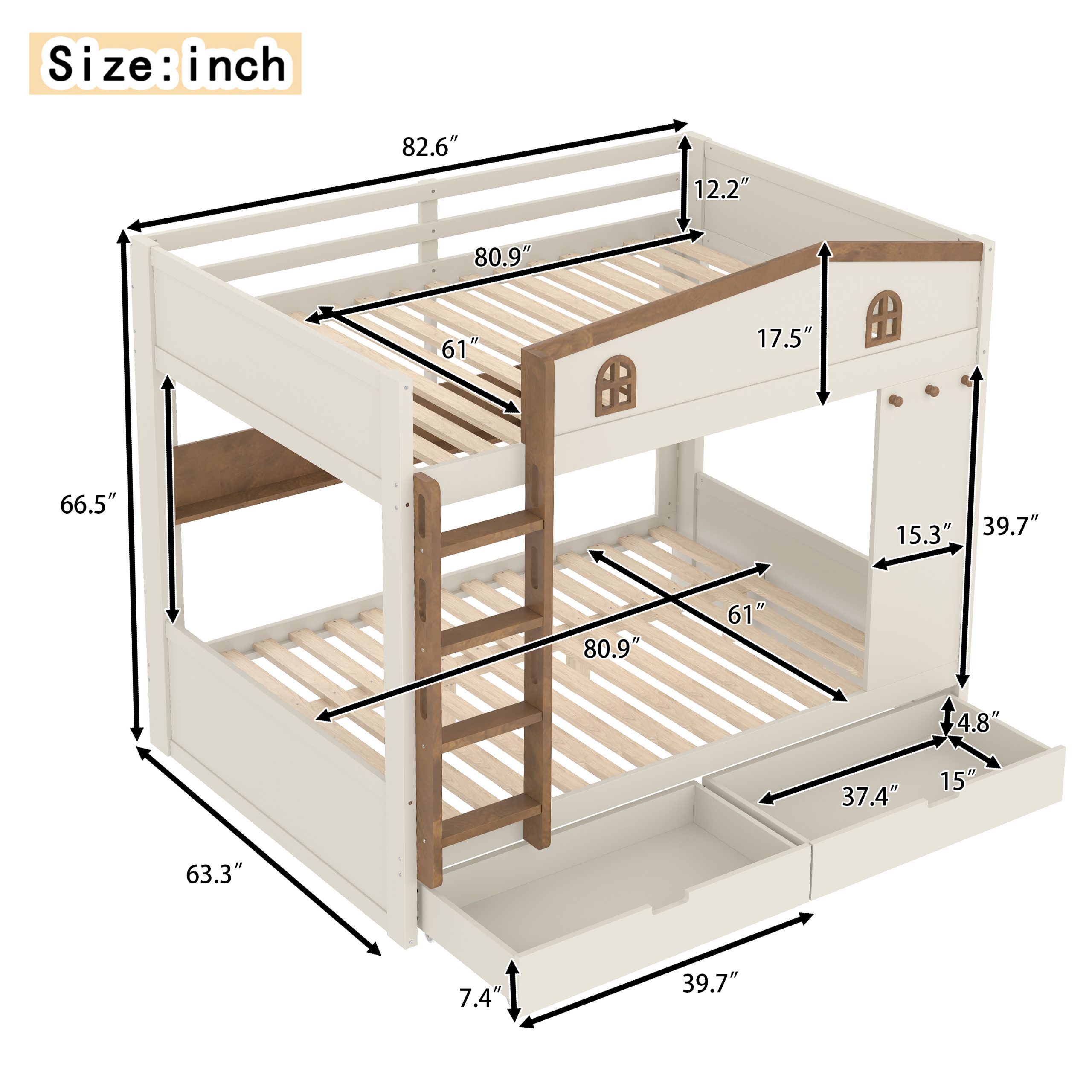 Queen over Queen Bunk Bed with Storage Drawers and Shelves, Solid Wood Bunk Beds with hooks, No Box Spring Needed, Beige&Natural - Image 4
