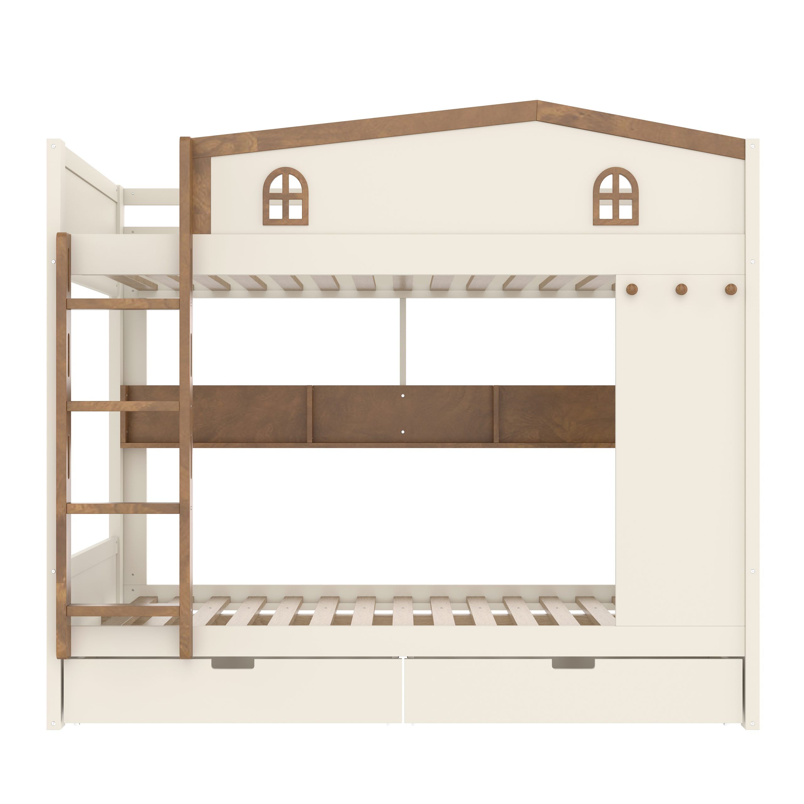 Queen over Queen Bunk Bed with Storage Drawers and Shelves, Solid Wood Bunk Beds with hooks, No Box Spring Needed, Beige&Natural - Image 5