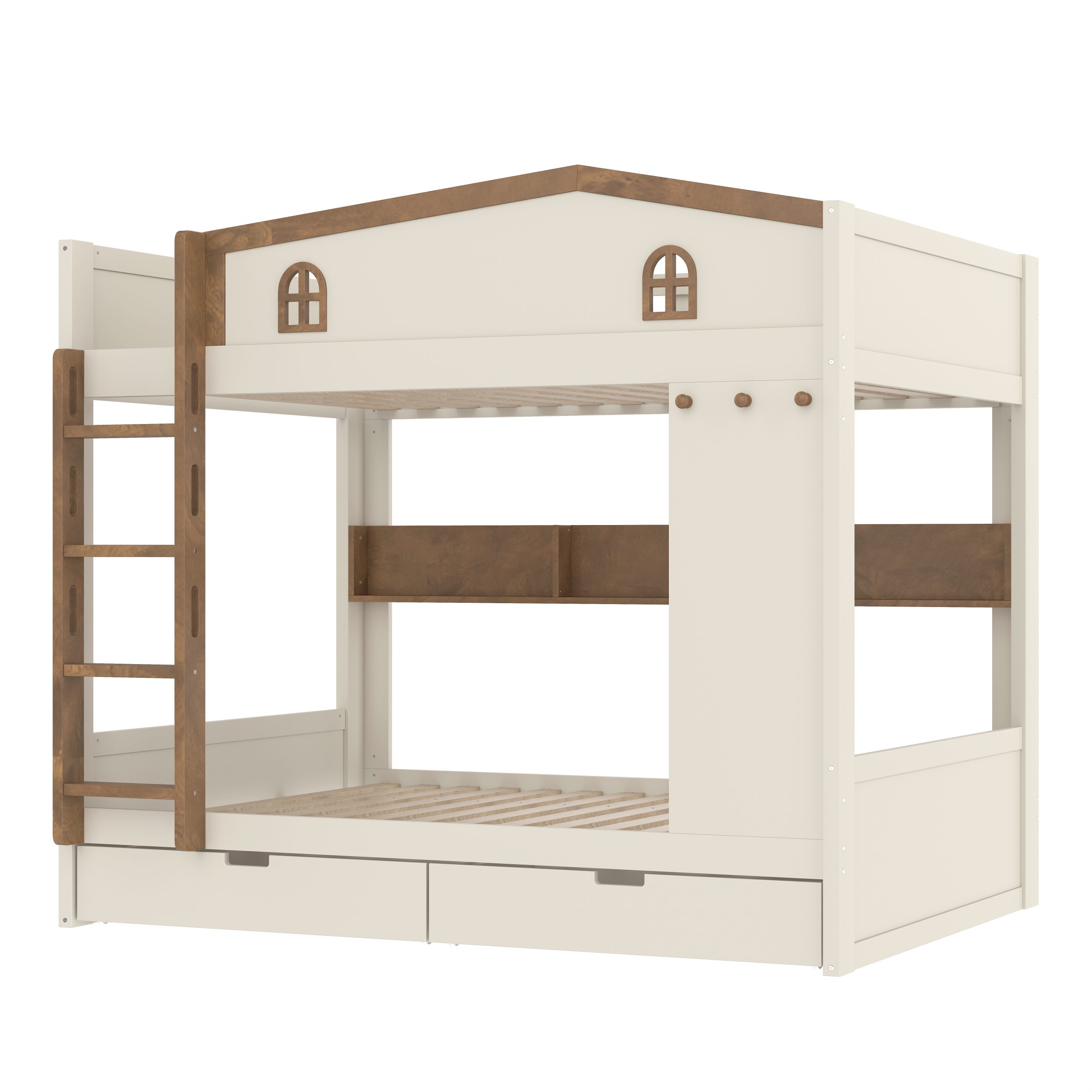 Queen over Queen Bunk Bed with Storage Drawers and Shelves, Solid Wood Bunk Beds with hooks, No Box Spring Needed, Beige&Natural - Image 6