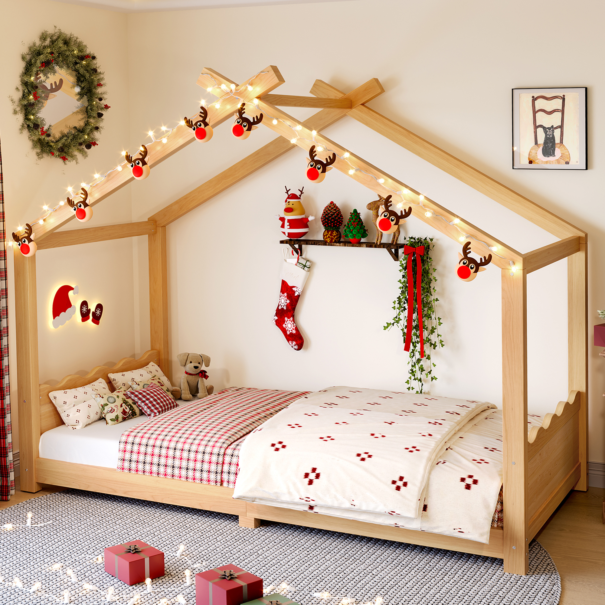 Twin House Floor Bed with Support Slats, Solid Wood House Bed Frame for Kids, No Box Spring Needed and Opening Constructure, Natural - Image 2