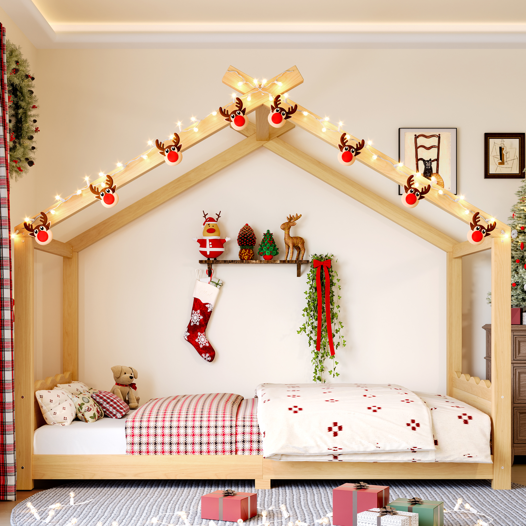 Twin House Floor Bed with Support Slats, Solid Wood House Bed Frame for Kids, No Box Spring Needed and Opening Constructure, Natural - Image 3