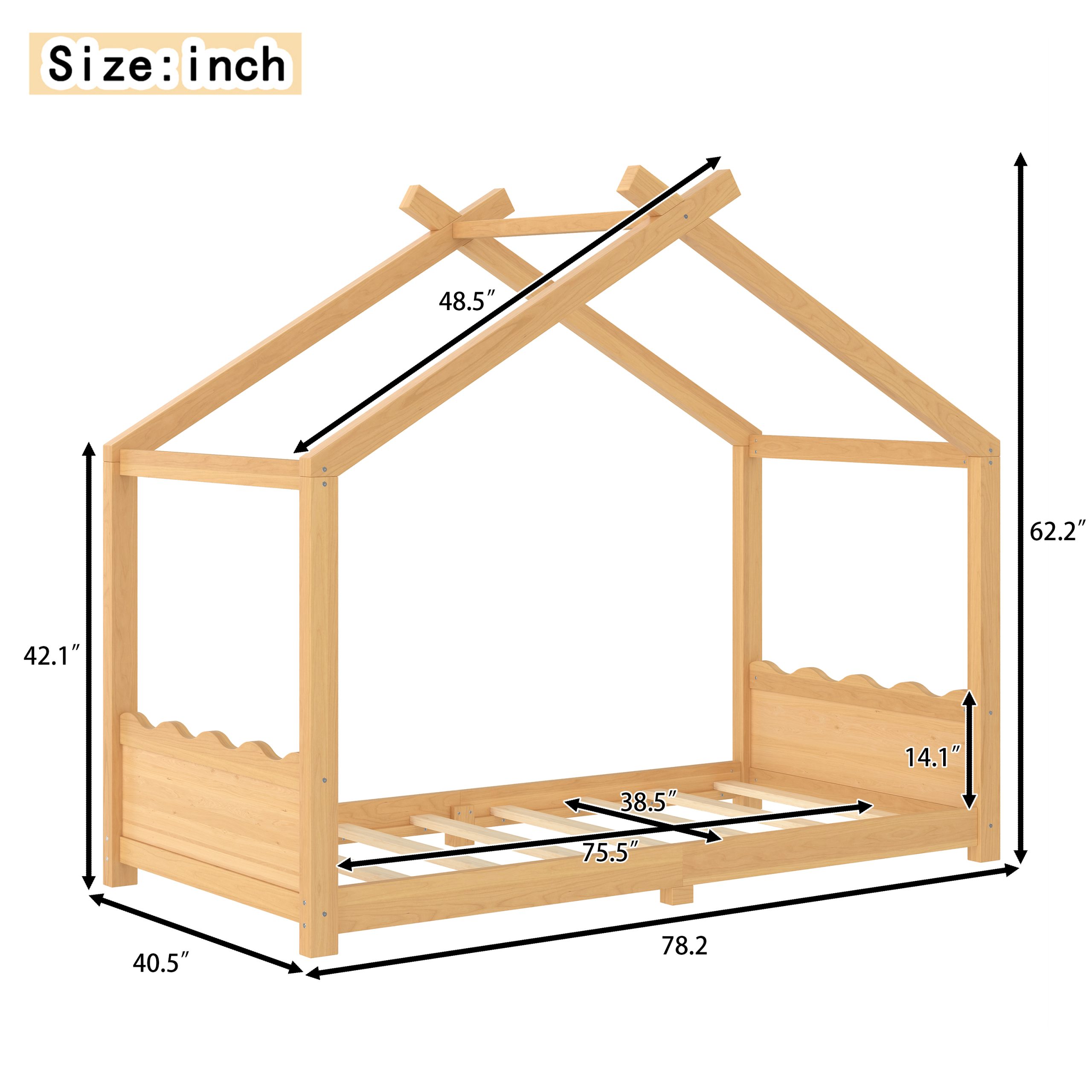 Twin House Floor Bed with Support Slats, Solid Wood House Bed Frame for Kids, No Box Spring Needed and Opening Constructure, Natural - Image 4