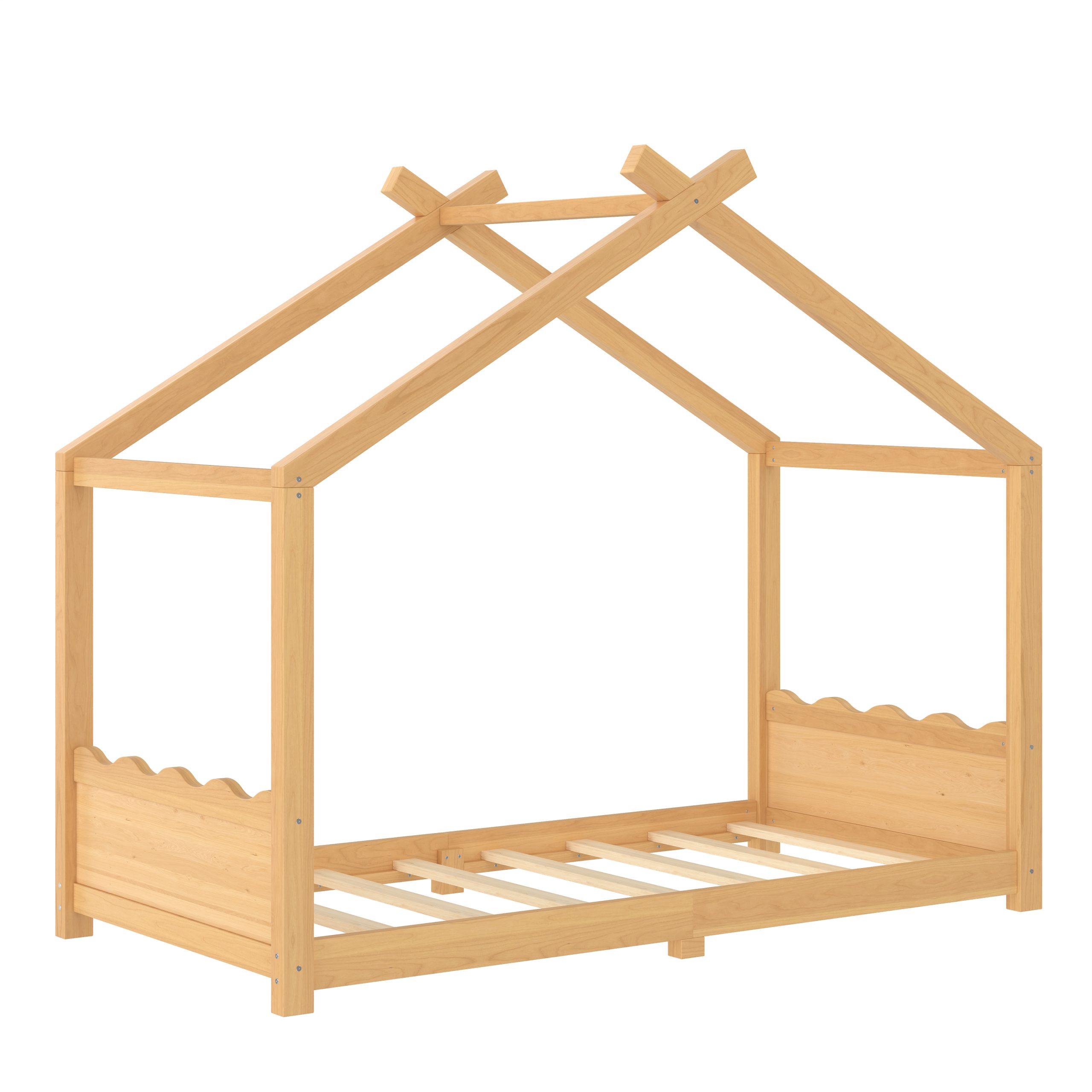 Twin House Floor Bed with Support Slats, Solid Wood House Bed Frame for Kids, No Box Spring Needed and Opening Constructure, Natural - Image 6