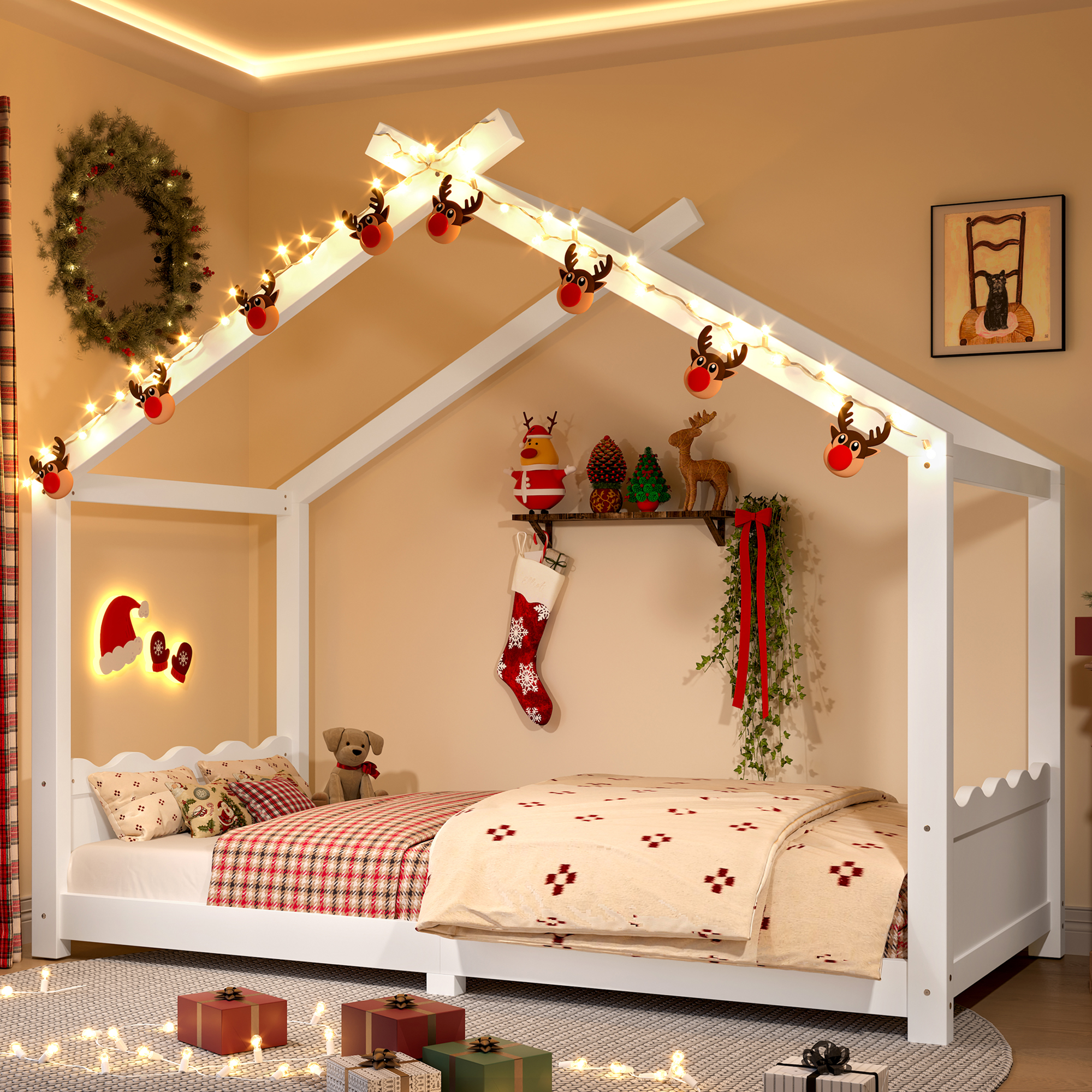 Twin House Floor Bed with Support Slats, Solid Wood House Bed Frame for Kids, No Box Spring Needed and Opening Constructure, White - Image 1