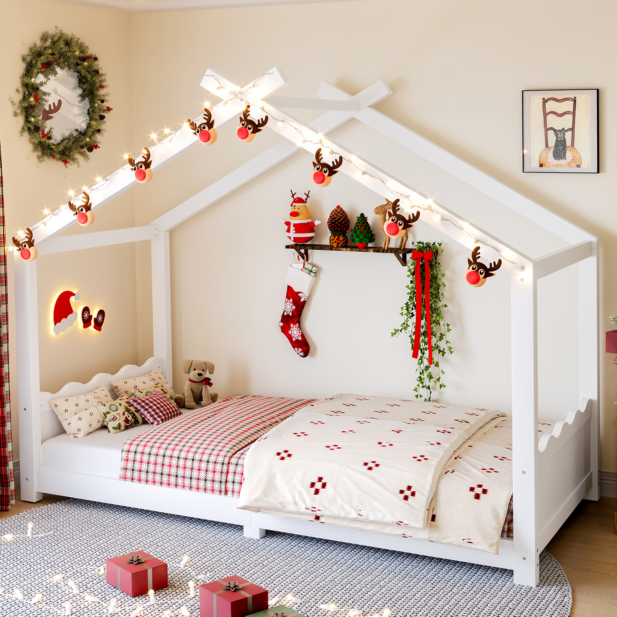 Twin House Floor Bed with Support Slats, Solid Wood House Bed Frame for Kids, No Box Spring Needed and Opening Constructure, White - Image 2