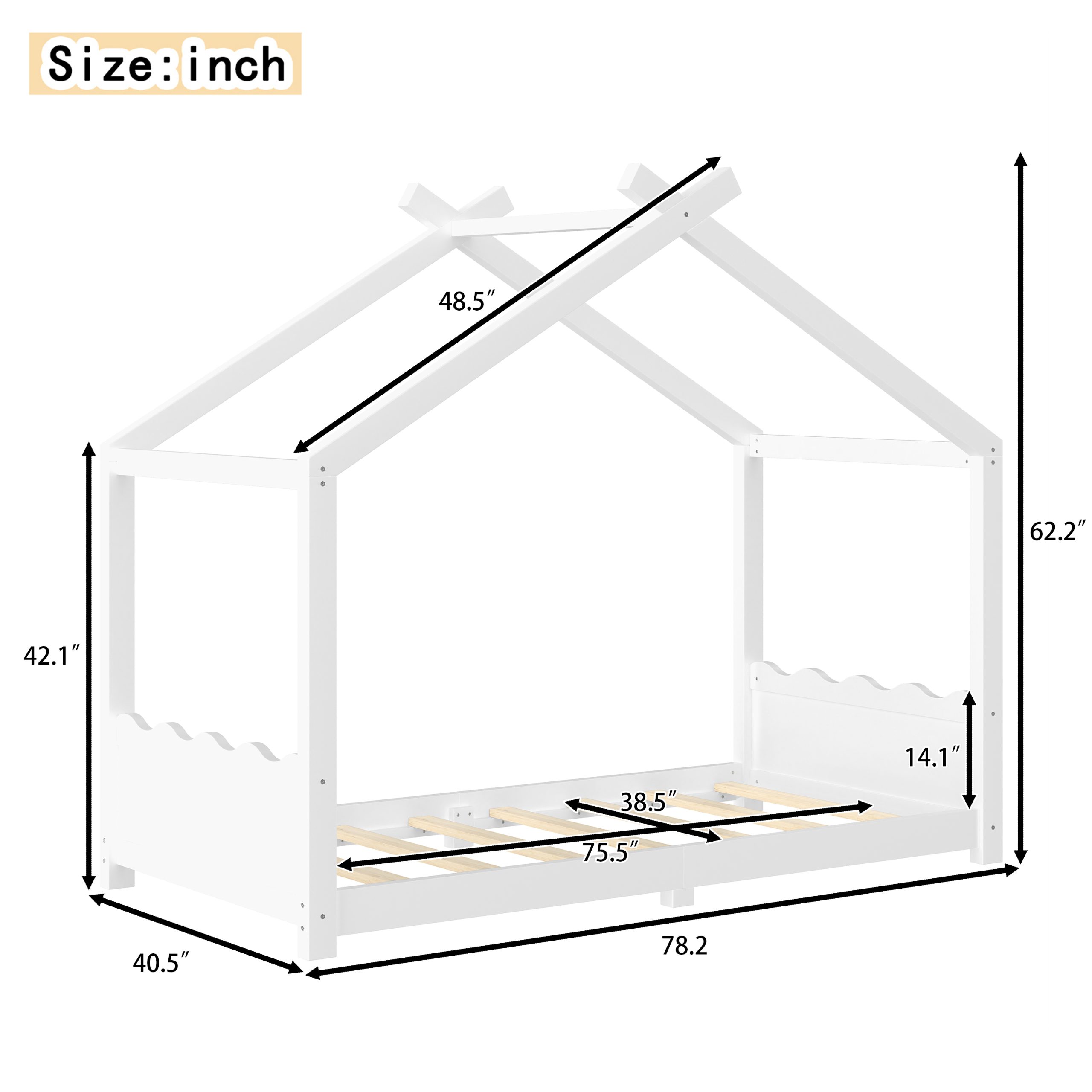 Twin House Floor Bed with Support Slats, Solid Wood House Bed Frame for Kids, No Box Spring Needed and Opening Constructure, White - Image 4