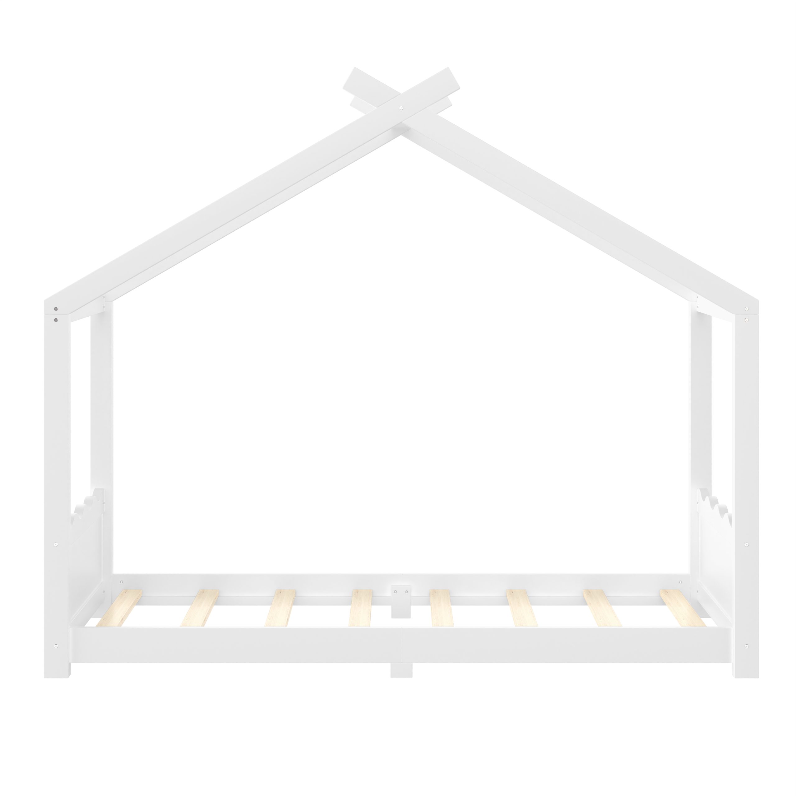 Twin House Floor Bed with Support Slats, Solid Wood House Bed Frame for Kids, No Box Spring Needed and Opening Constructure, White - Image 5