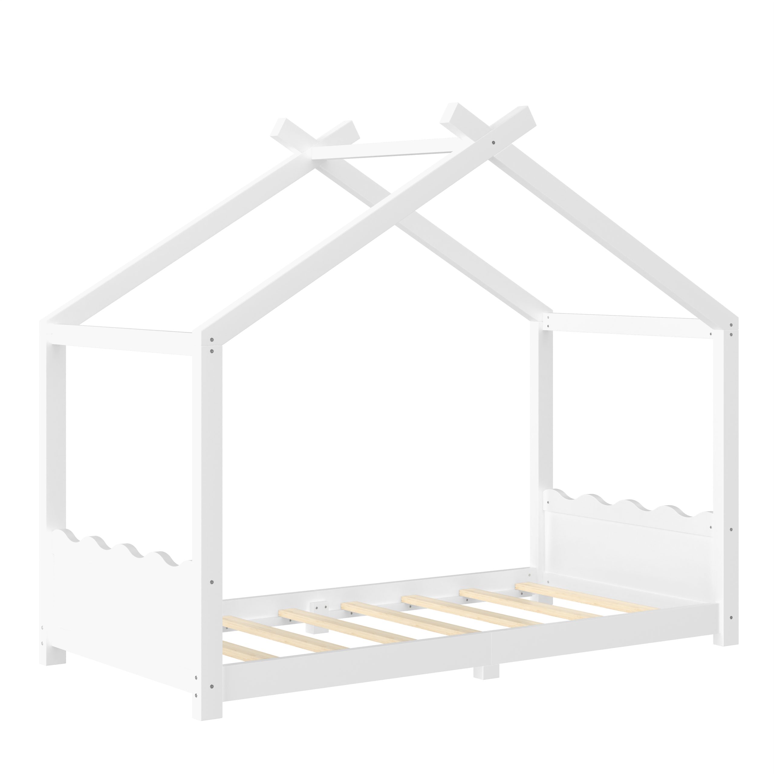 Twin House Floor Bed with Support Slats, Solid Wood House Bed Frame for Kids, No Box Spring Needed and Opening Constructure, White - Image 6