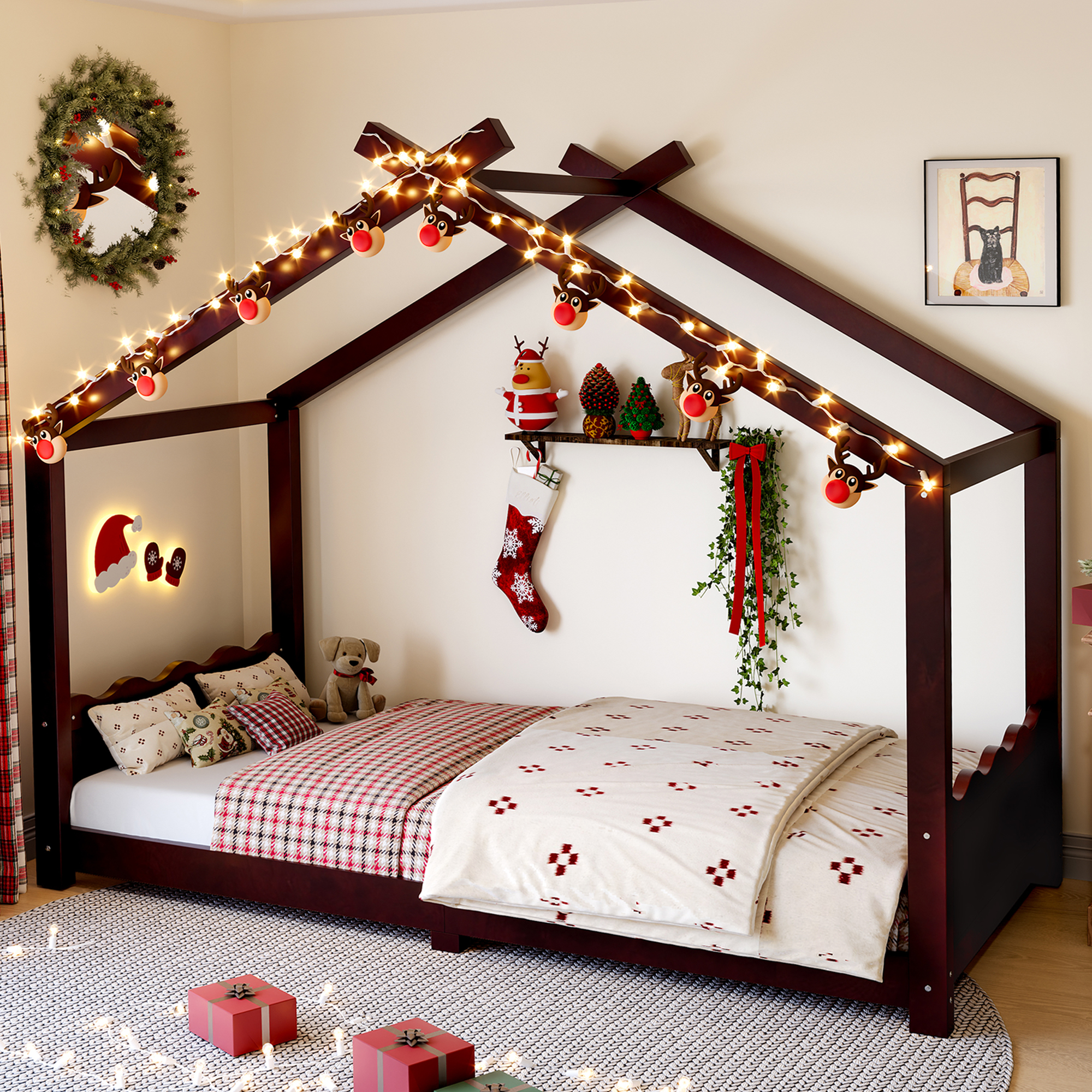 Twin House Floor Bed with Support Slats, Solid Wood House Bed Frame for Kids, No Box Spring Needed and Opening Constructure, Espresso - Image 1