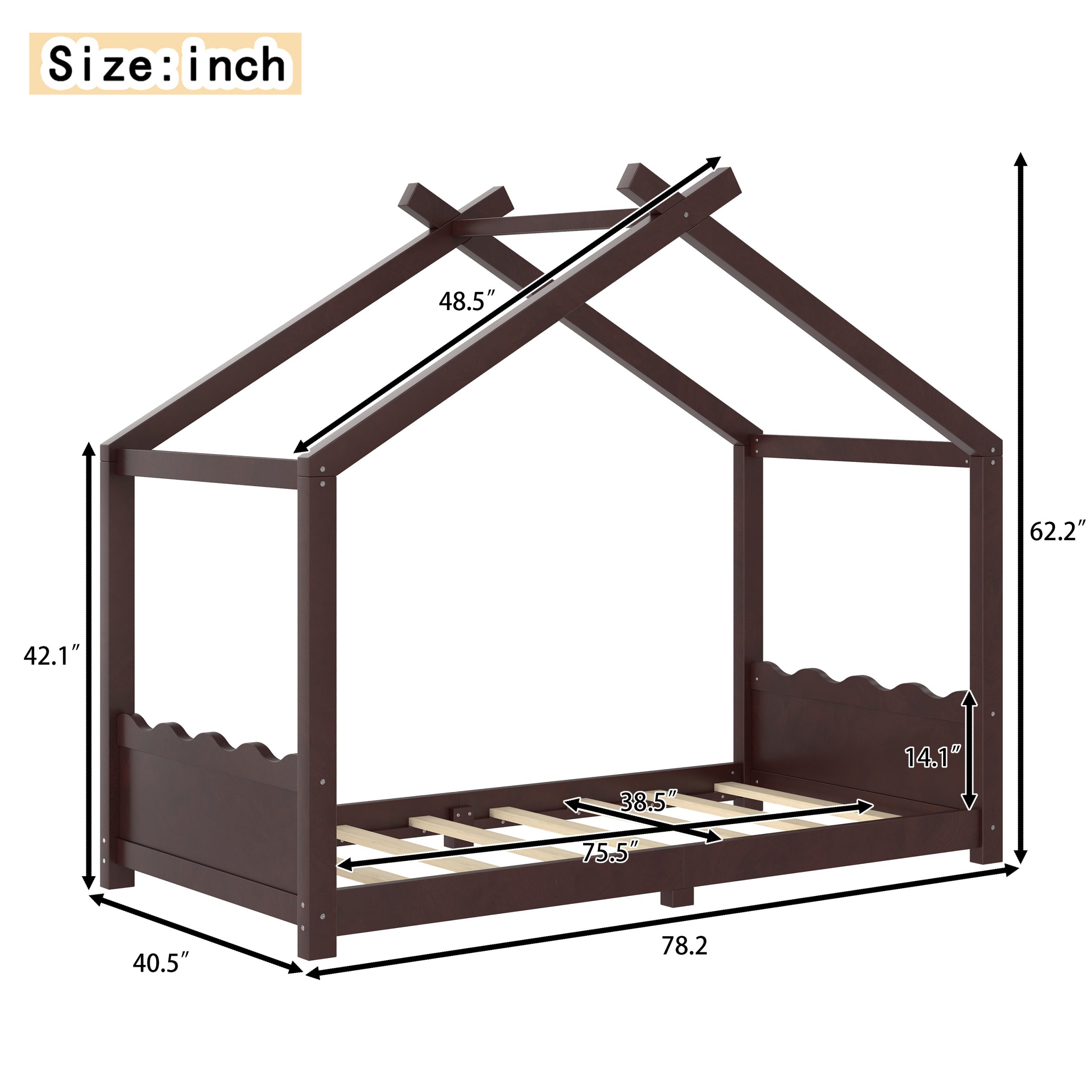 Twin House Floor Bed with Support Slats, Solid Wood House Bed Frame for Kids, No Box Spring Needed and Opening Constructure, Espresso - Image 4