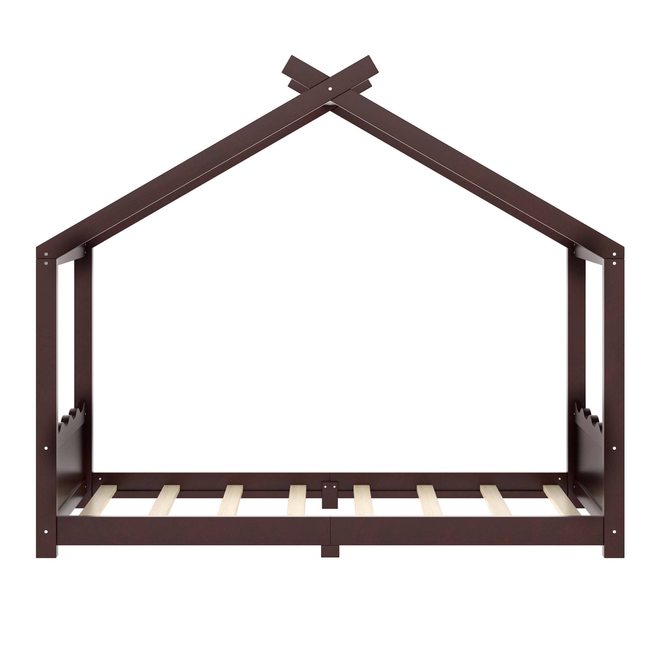 Twin House Floor Bed with Support Slats, Solid Wood House Bed Frame for Kids, No Box Spring Needed and Opening Constructure, Espresso - Image 5