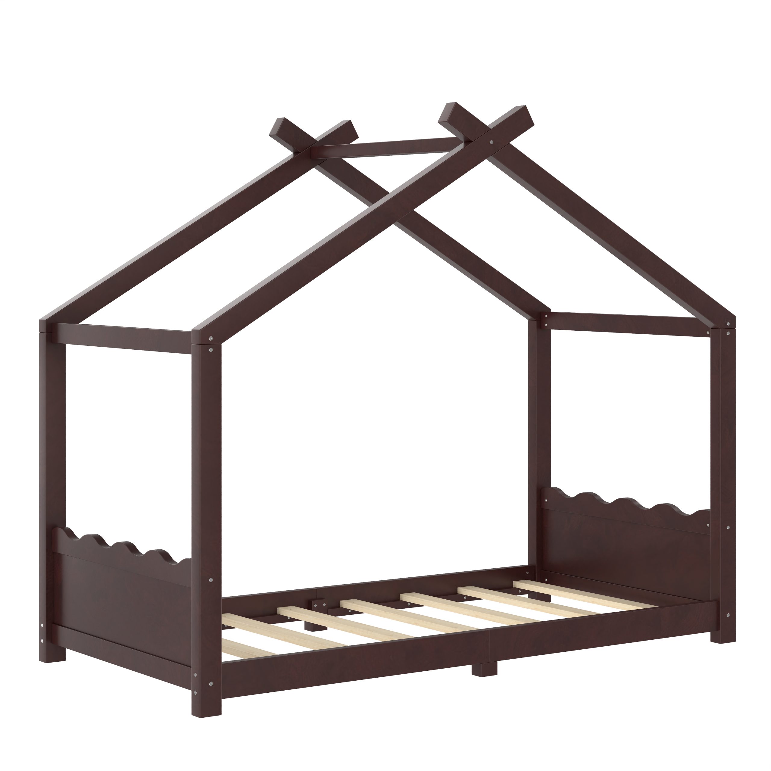 Twin House Floor Bed with Support Slats, Solid Wood House Bed Frame for Kids, No Box Spring Needed and Opening Constructure, Espresso - Image 6