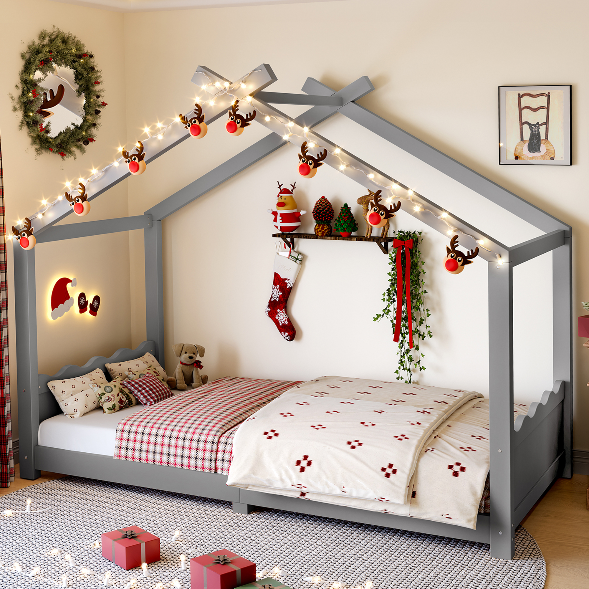Twin House Floor Bed with Support Slats, Solid Wood House Bed Frame for Kids, No Box Spring Needed and Opening Constructure, Gray - Image 3