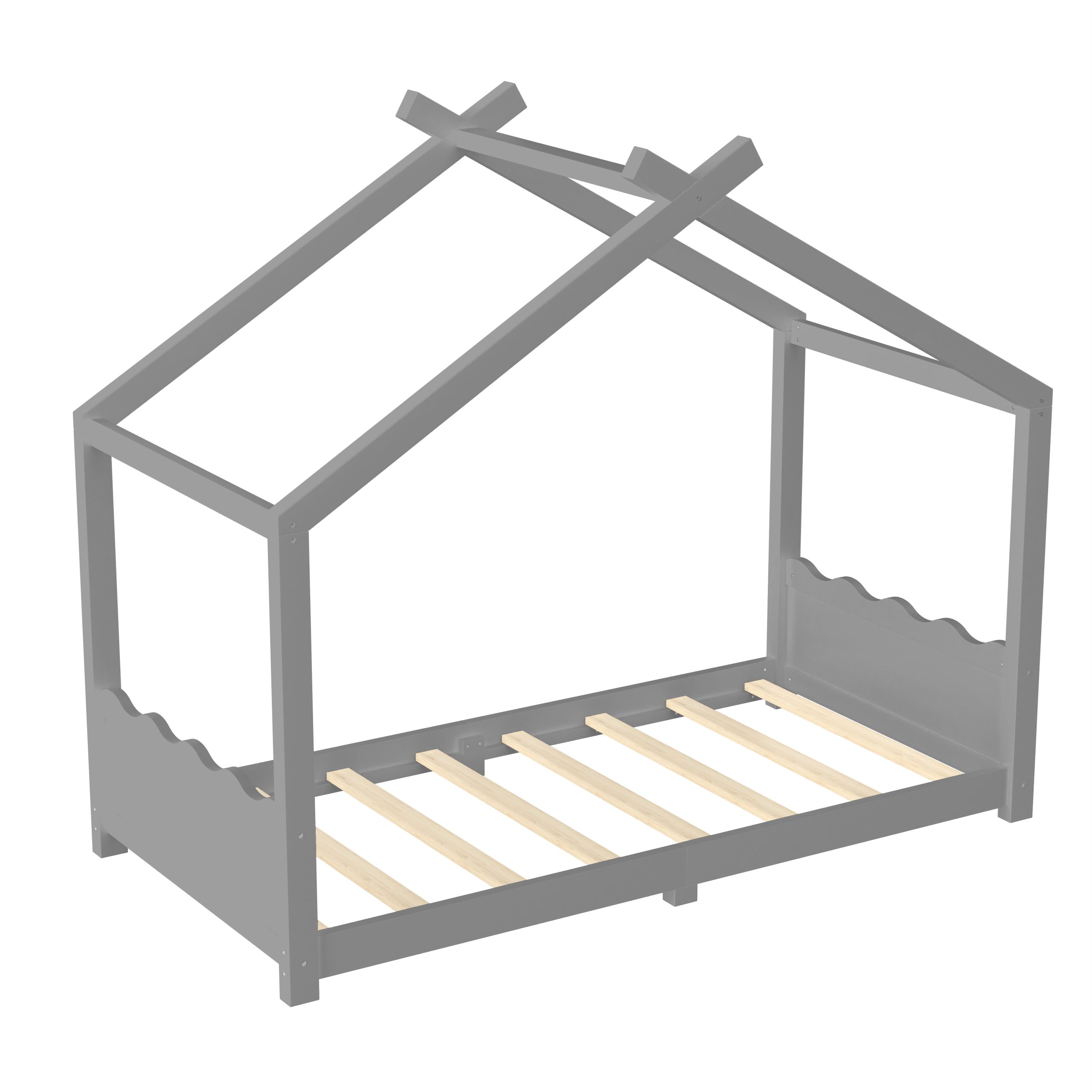 Twin House Floor Bed with Support Slats, Solid Wood House Bed Frame for Kids, No Box Spring Needed and Opening Constructure, Gray - Image 4