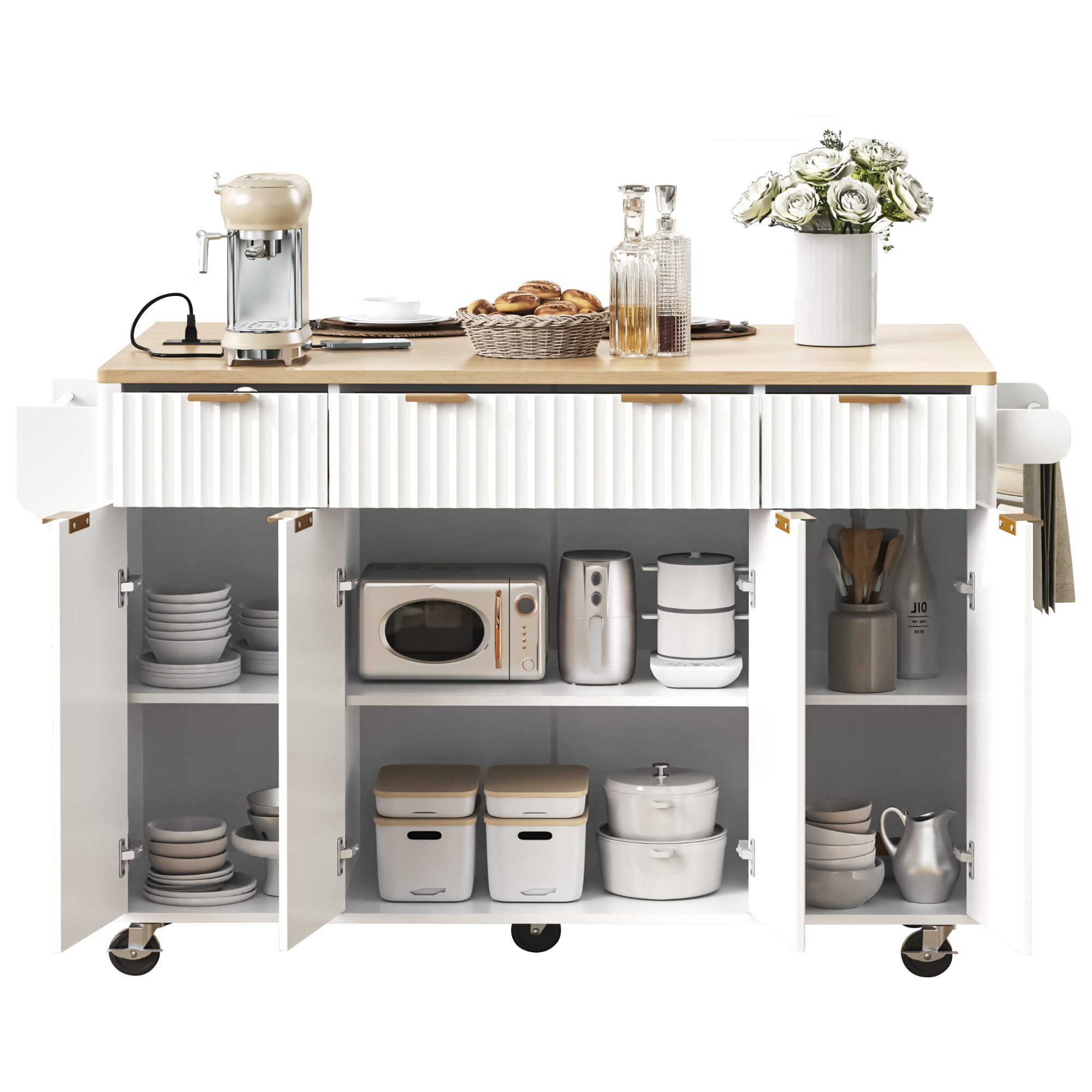K&K Fluted Kitchen Island with Storage, 55.5" Kitchen Island with Drop Leaf, Power Outlet, 4 Doors and 3 Drawers, Rolling Island Table with Wood-grain Top, Curved Edge for Kitchen,Dining Room White - Image 3