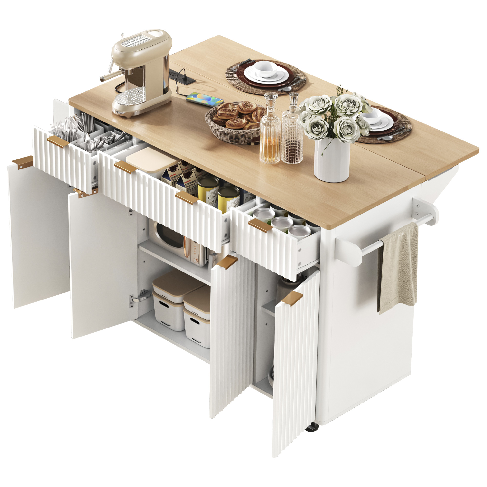 K&K Fluted Kitchen Island with Storage, 55.5" Kitchen Island with Drop Leaf, Power Outlet, 4 Doors and 3 Drawers, Rolling Island Table with Wood-grain Top, Curved Edge for Kitchen,Dining Room White - Image 5