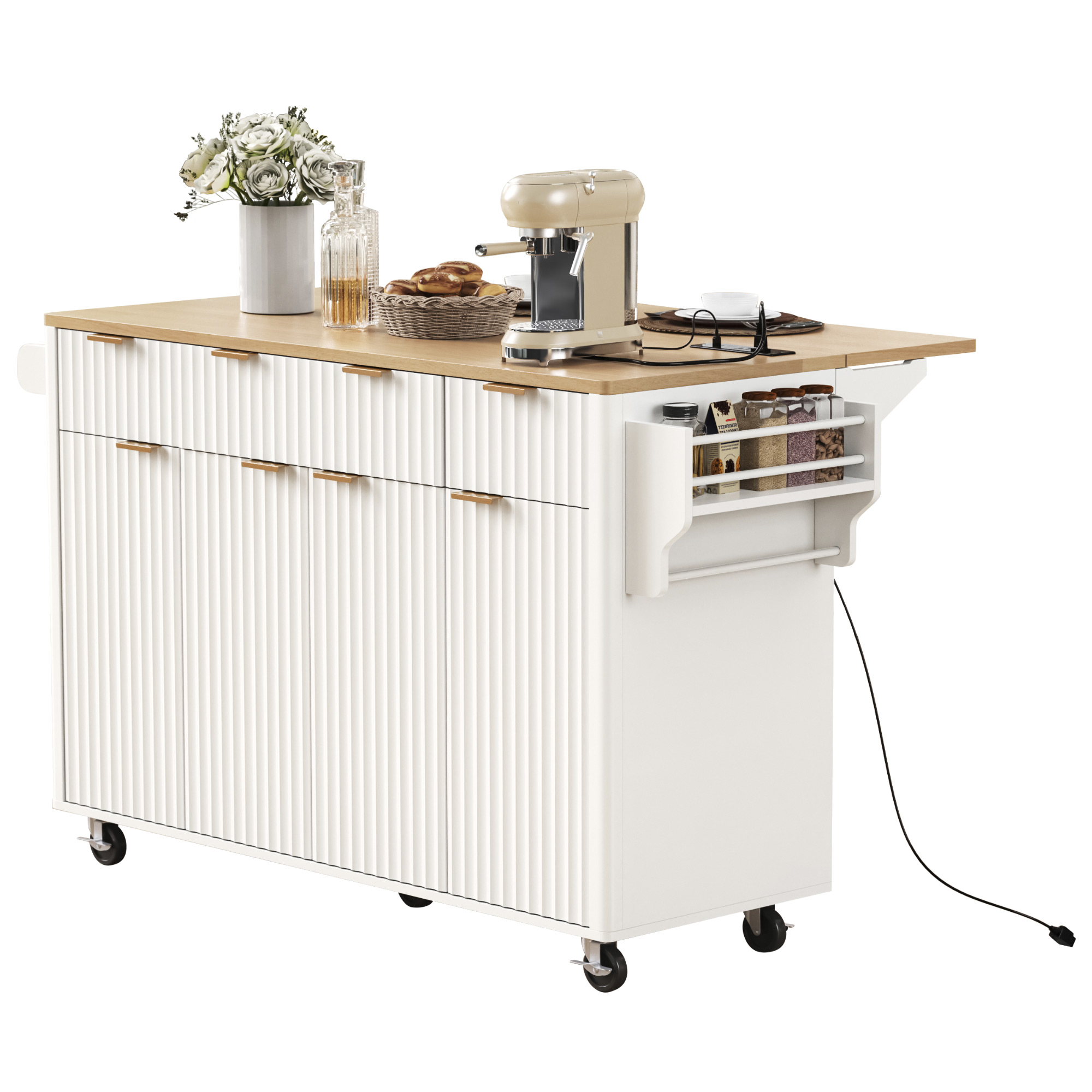 K&K Fluted Kitchen Island with Storage, 55.5" Kitchen Island with Drop Leaf, Power Outlet, 4 Doors and 3 Drawers, Rolling Island Table with Wood-grain Top, Curved Edge for Kitchen,Dining Room White - Image 4